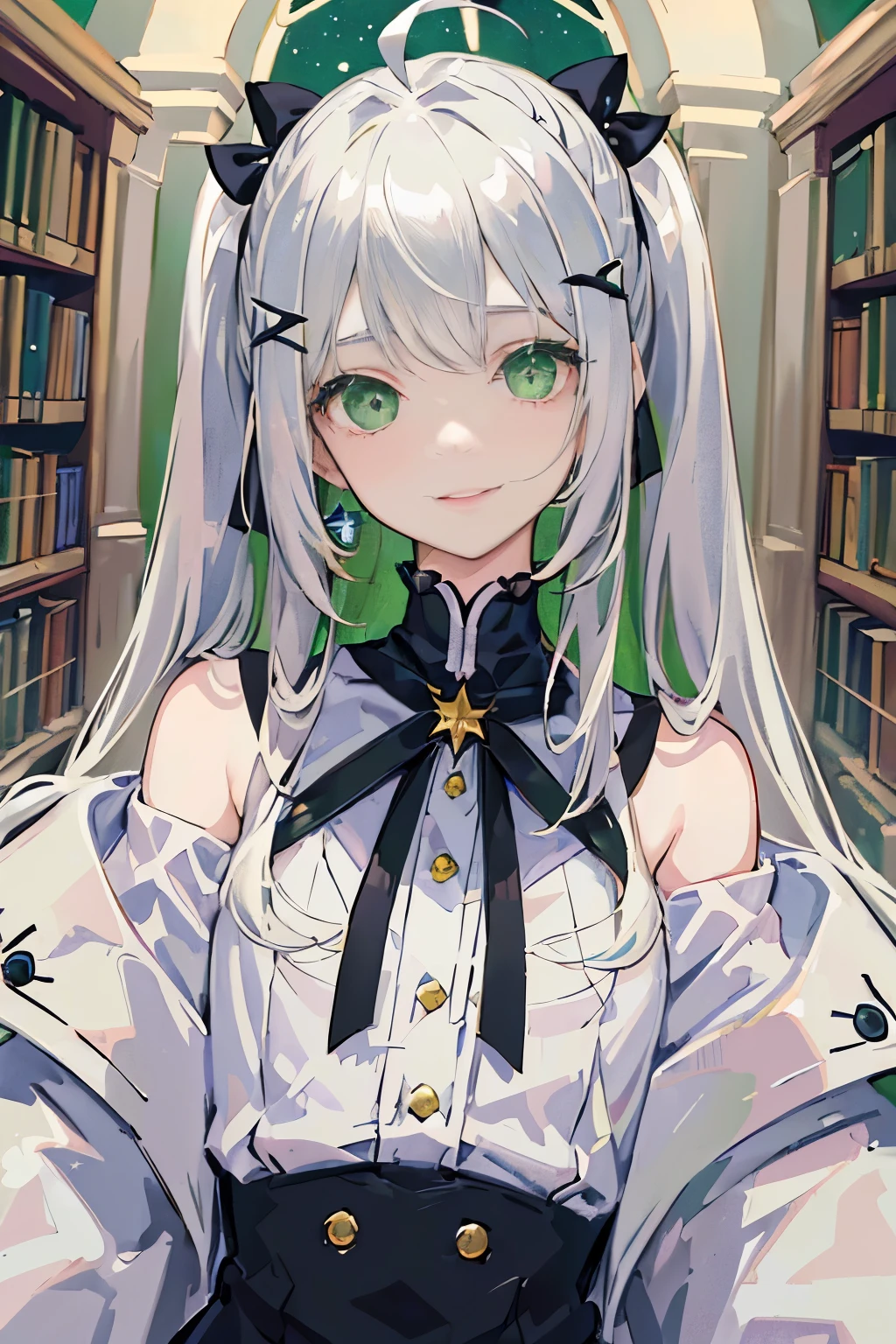 (masterpiece, side light, Super detailed, thin and beautiful eyes: 1.2), 1 girl, , (silver hair),long hair,Ahoge、twin tails、Star Hair Clip,((green eyes)),white coat,open coat,off shoulder、Upper body、from the front、smile、library、The ends of the hair are black