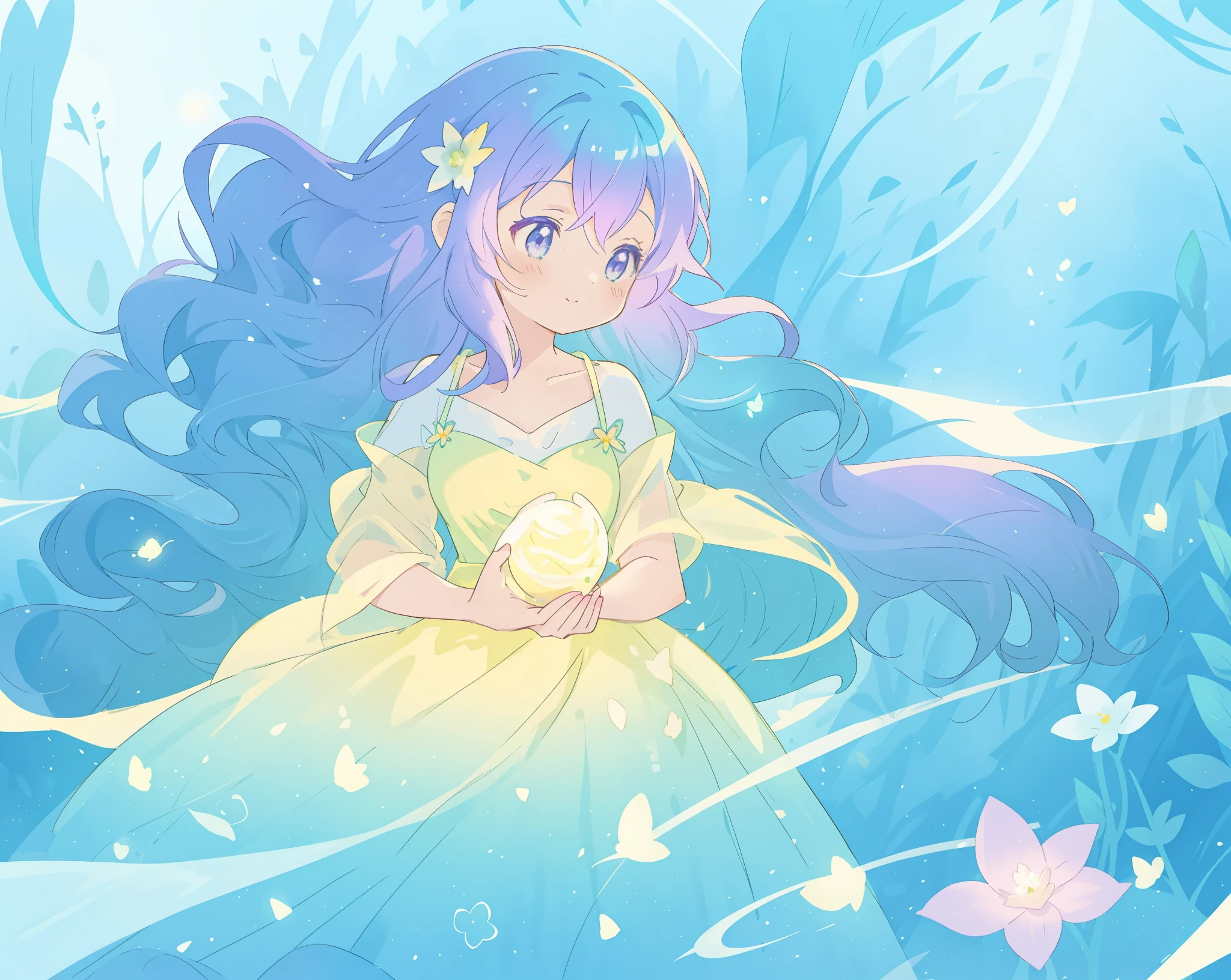 beautiful girl in yellow mint gradient flowing ballgown, long flowing blue purple hair, colorful fantasia background, watercolor illustration, disney art style, glowing aura around her, glowing lights, beautiful digital illustration, fantasia otherworldly landscape plants flowers, beautiful, masterpiece, best quality, anime disney style
