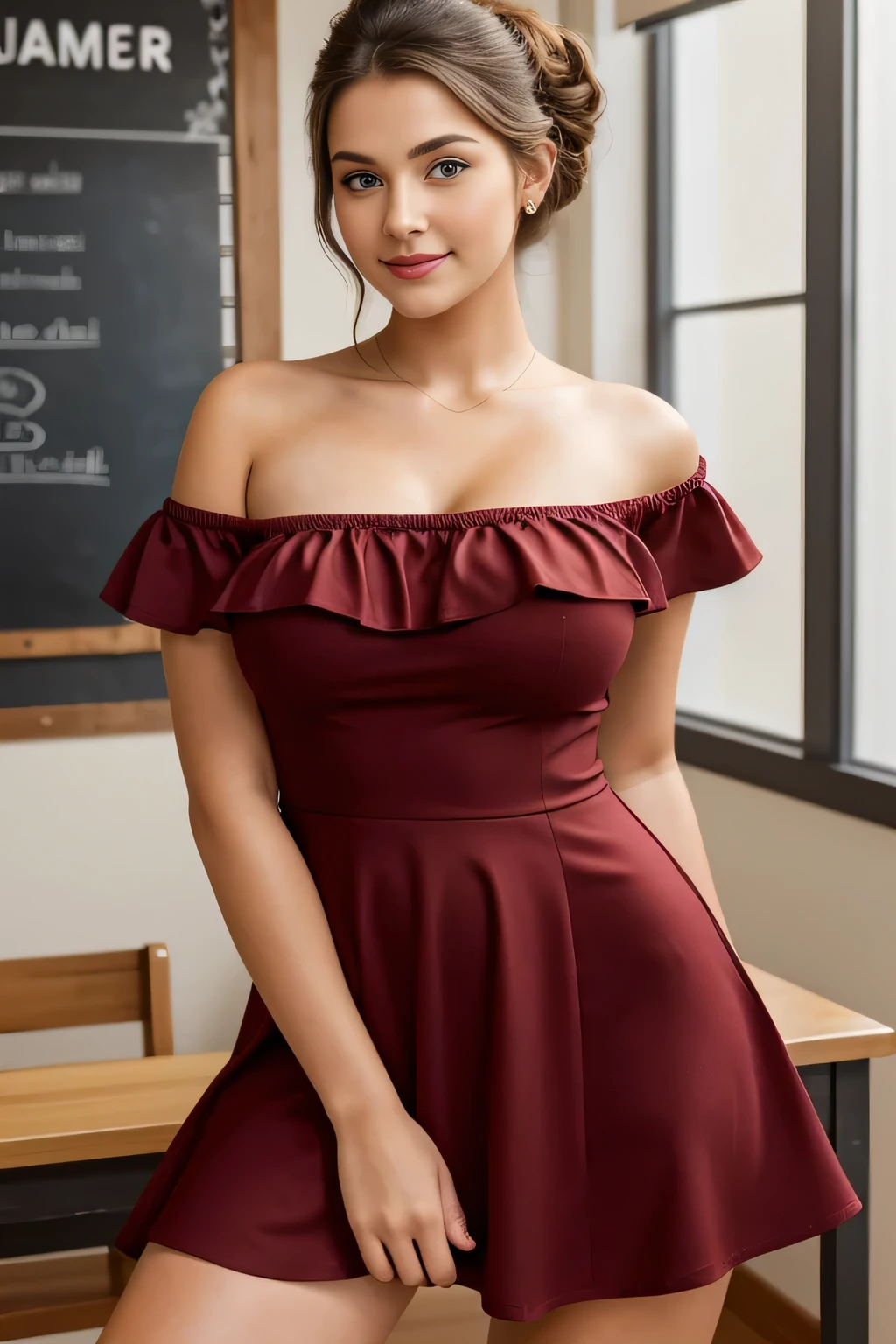 19yo in school school photo in school masterpiece, (photorealistic:1.7), best quality, beautiful lighting, Eleanor Ukraine Woman 20yo Old Big Breasts Plus Size Model lipstick Bun lHair Bun Hair Hair, Polka Dot Off Shoulder Puff Sleeve Shirred Knot Ruffle Hem Dress. 
