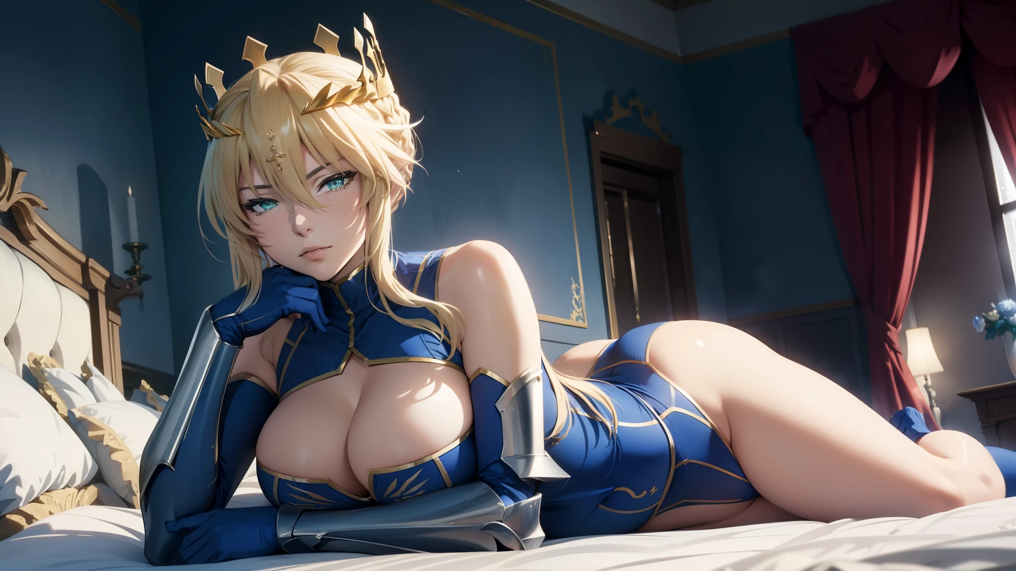 (best quality, highres), wallpaper of Artoria pendragon lancer, green eyes, artoriaLancer, braid, crown, turtleneck, cleavage cutout, sleeveless, blue leotard, gauntlets, on bed, sensual pose