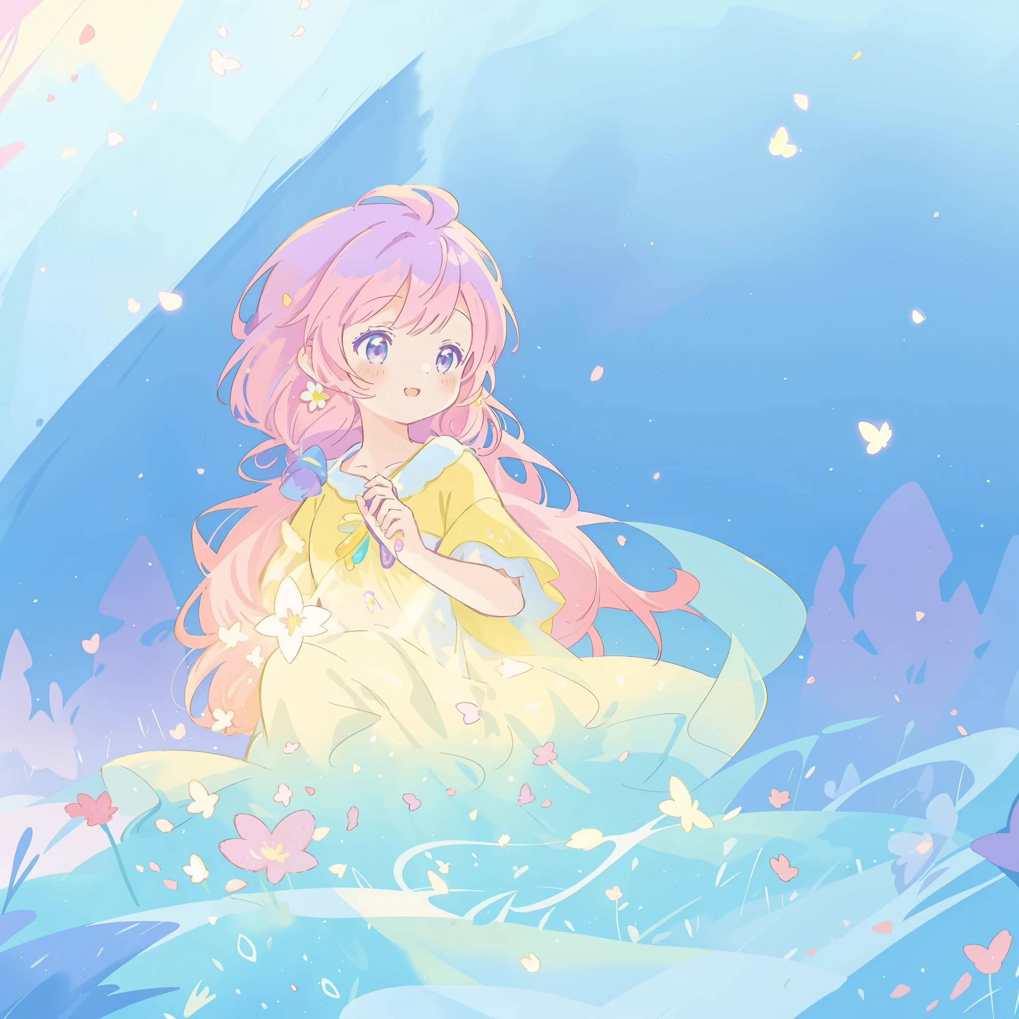 beautiful girl in yellow minut gradient flowing dress, long flowing blue purple pink hair, colorful fantasia background, watercolor illustration, disney art style, glowing aura around her, glowing lights, beautiful digital illustration, fantasia otherworldly landscape plants flowers, beautiful, masterpiece, best quality, anime disney style