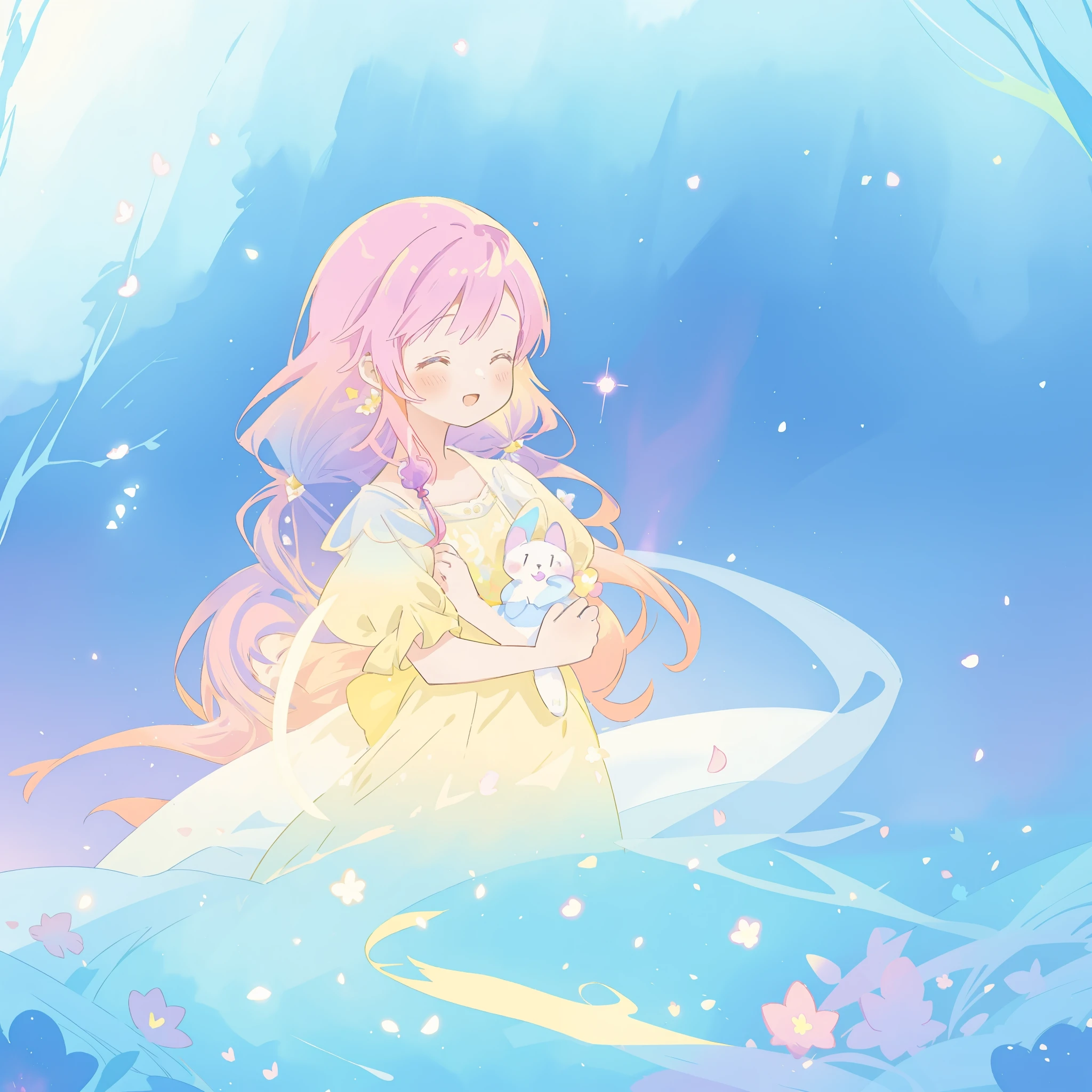 beautiful girl in yellow minut gradient flowing dress, long flowing blue purple pink hair, colorful fantasia background, watercolor illustration, disney art style, glowing aura around her, glowing lights, beautiful digital illustration, fantasia otherworldly landscape plants flowers, beautiful, masterpiece, best quality, anime disney style