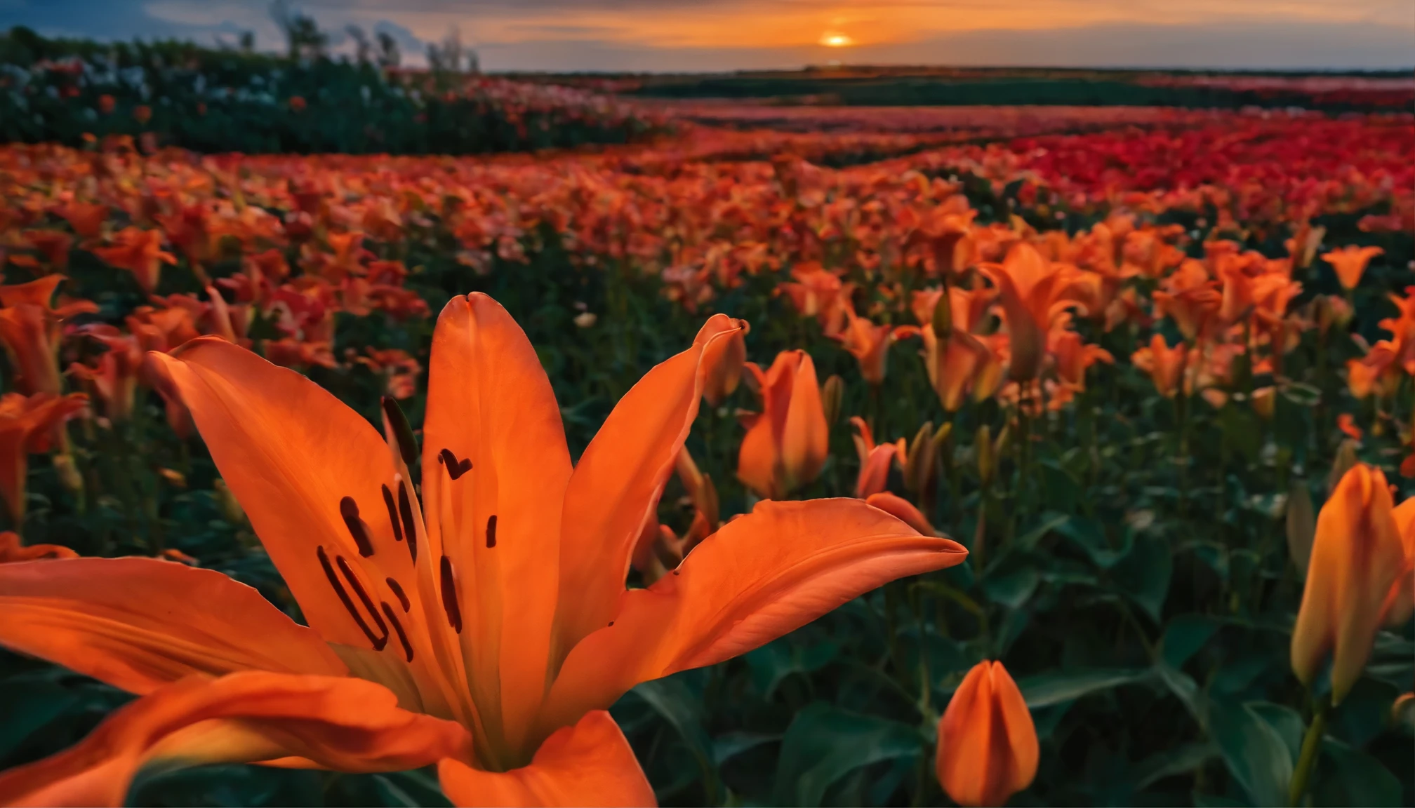 10,000 lilies flowers, Beautiful and perfect, eventide,blue sky,vibrant with colors.High saturation,