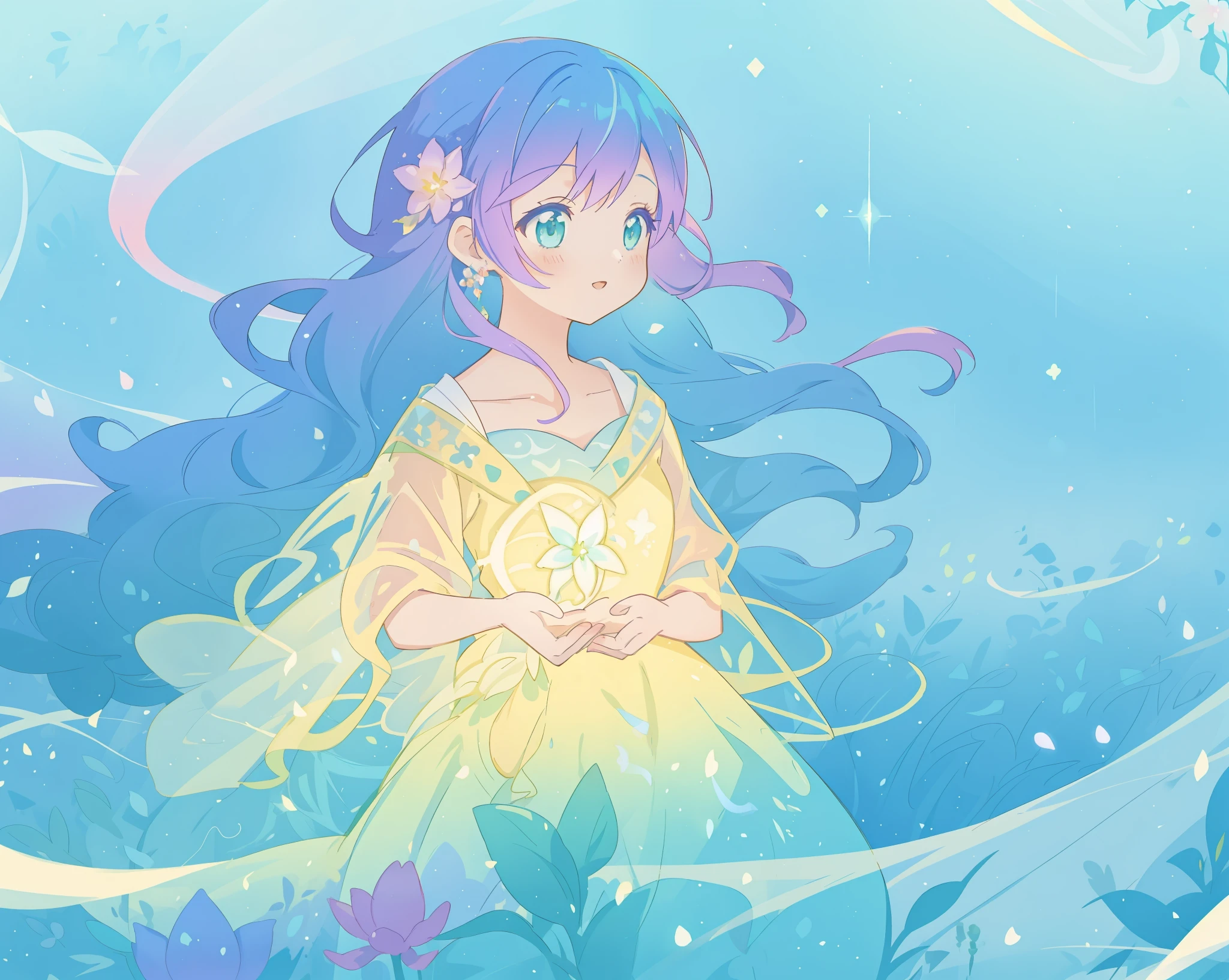 beautiful girl in yellow mint gradient flowing ballgown, long flowing blue purple hair, colorful fantasia background, watercolor illustration, disney art style, glowing aura around her, glowing lights, beautiful digital illustration, fantasia otherworldly landscape plants flowers, beautiful, masterpiece, best quality, anime disney style