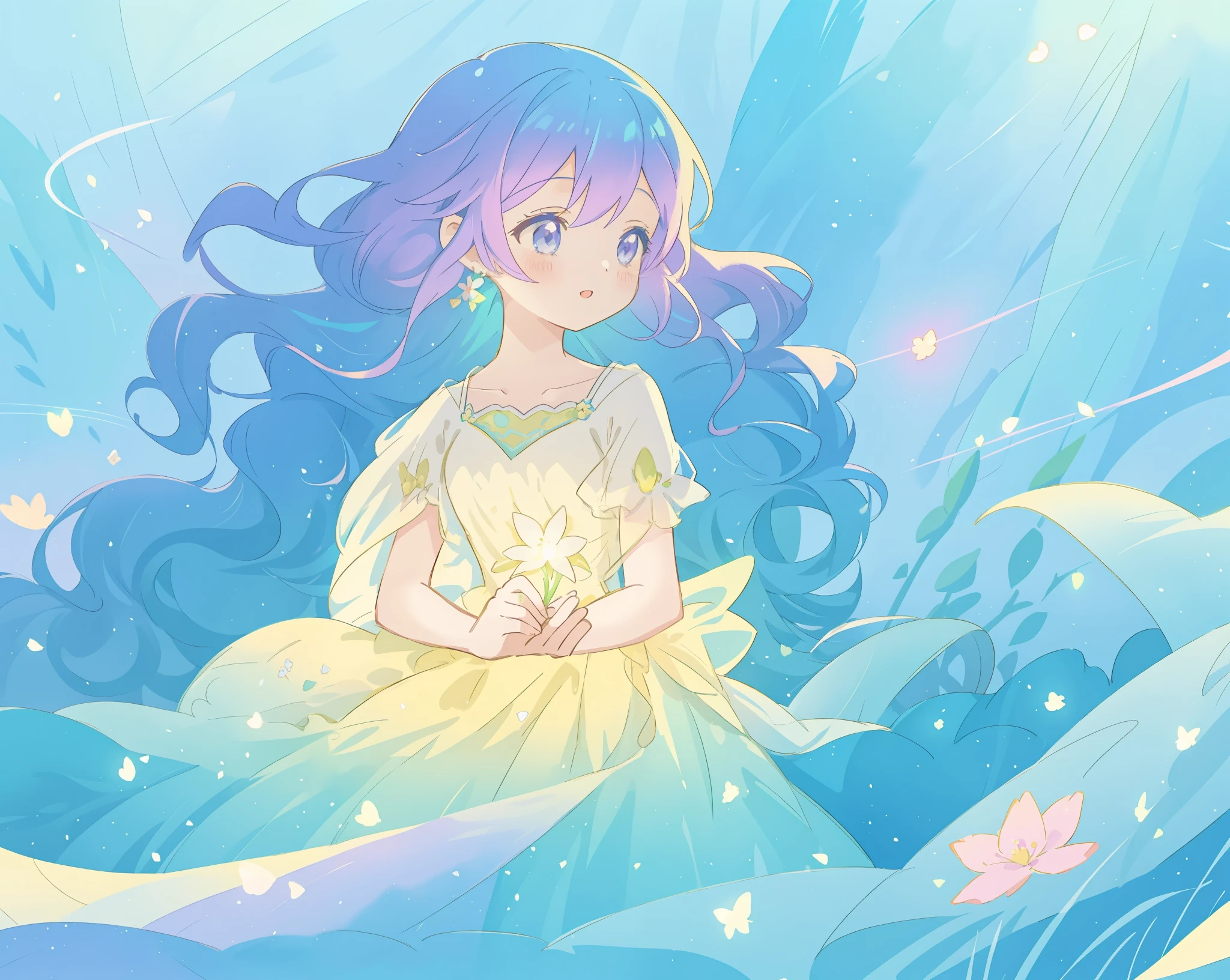 beautiful girl in yellow mint gradient flowing ballgown, long flowing blue purple hair, colorful fantasia background, watercolor illustration, disney art style, glowing aura around her, glowing lights, beautiful digital illustration, fantasia otherworldly landscape plants flowers, beautiful, masterpiece, best quality, anime disney style