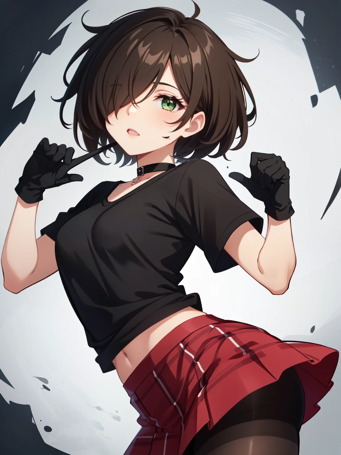 1girl, matte skin, brown hair, green eyes, pixie cut, (messy hair:1.2), (hair over one eye:1.2), hair between eyes, very short hair, black shirt, short sleeves, fishnet long gloves, red plaid miniskirt, black pantyhose, choker