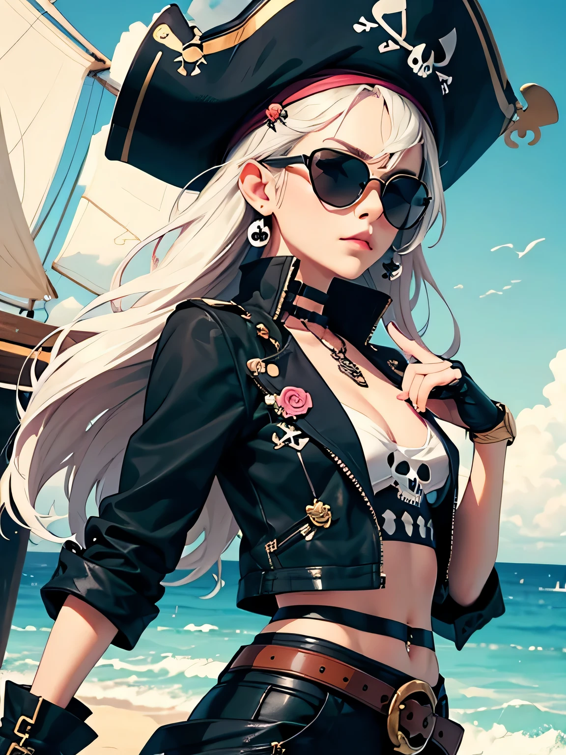Beautiful girl, pirate outfit, long white hair with braids , dark skin tone 