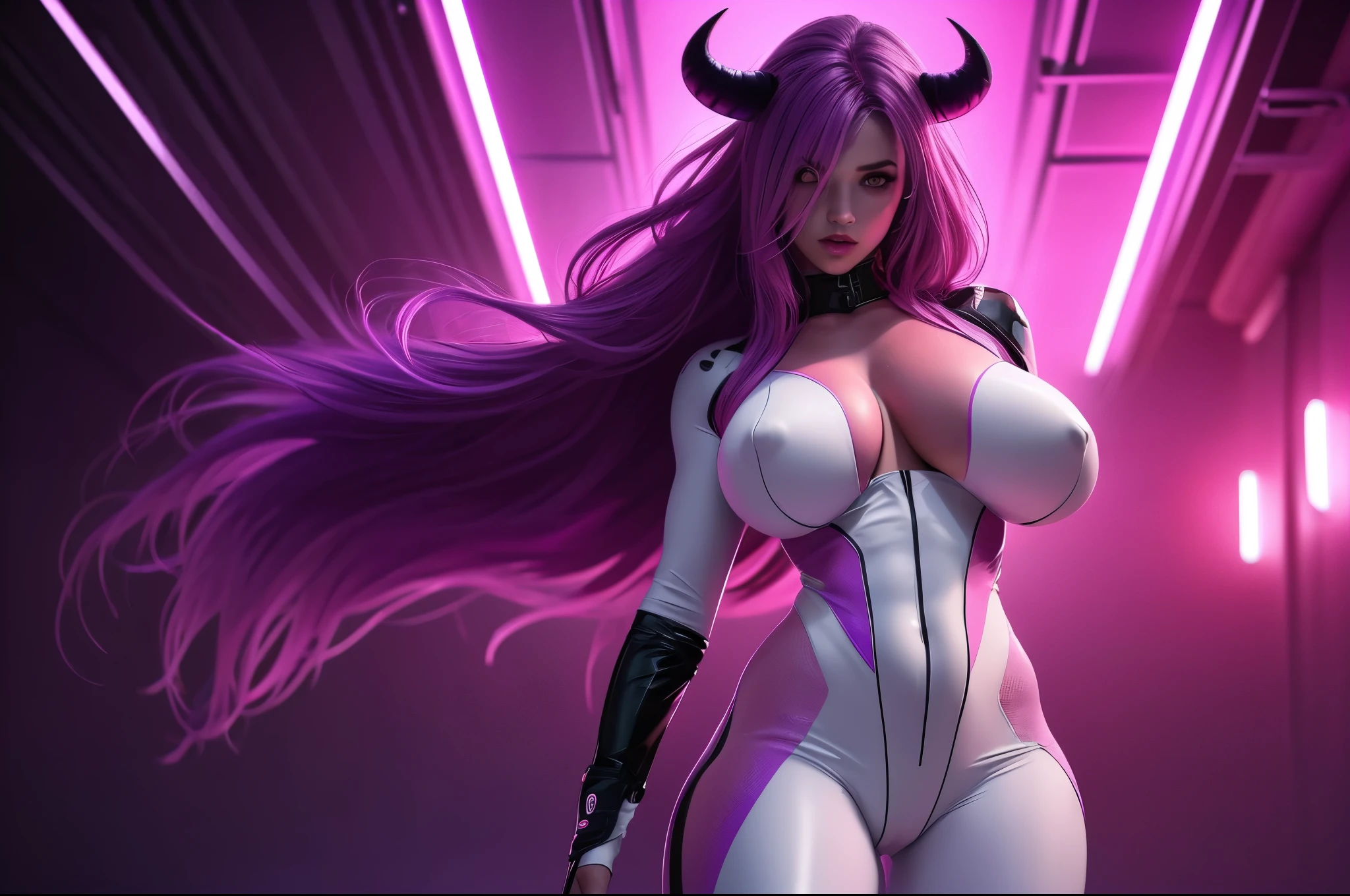 (pink and purple demoness:1.5),(beautiful female model:1.5), (demoness with Large horns:1.25),(1 super muscular succubus with flayed skin:1.5), (covered in thick white muscle suit:1.5), (exposed perfect anatomy:1.5), high detail, best quality, masterpiece, finely detail, realistic skin texture, 85 mm art lens, f 1.2, sharp focus, 8 k high definition, insanely detailed, intricate, super glowing  eyes, pink hair, glowing white background, hair bun, beautiful female face, white skin, pink highlights, big breast, huge saggy breast, natural face, no makeup on, purple neon lights in the background, only one demoness