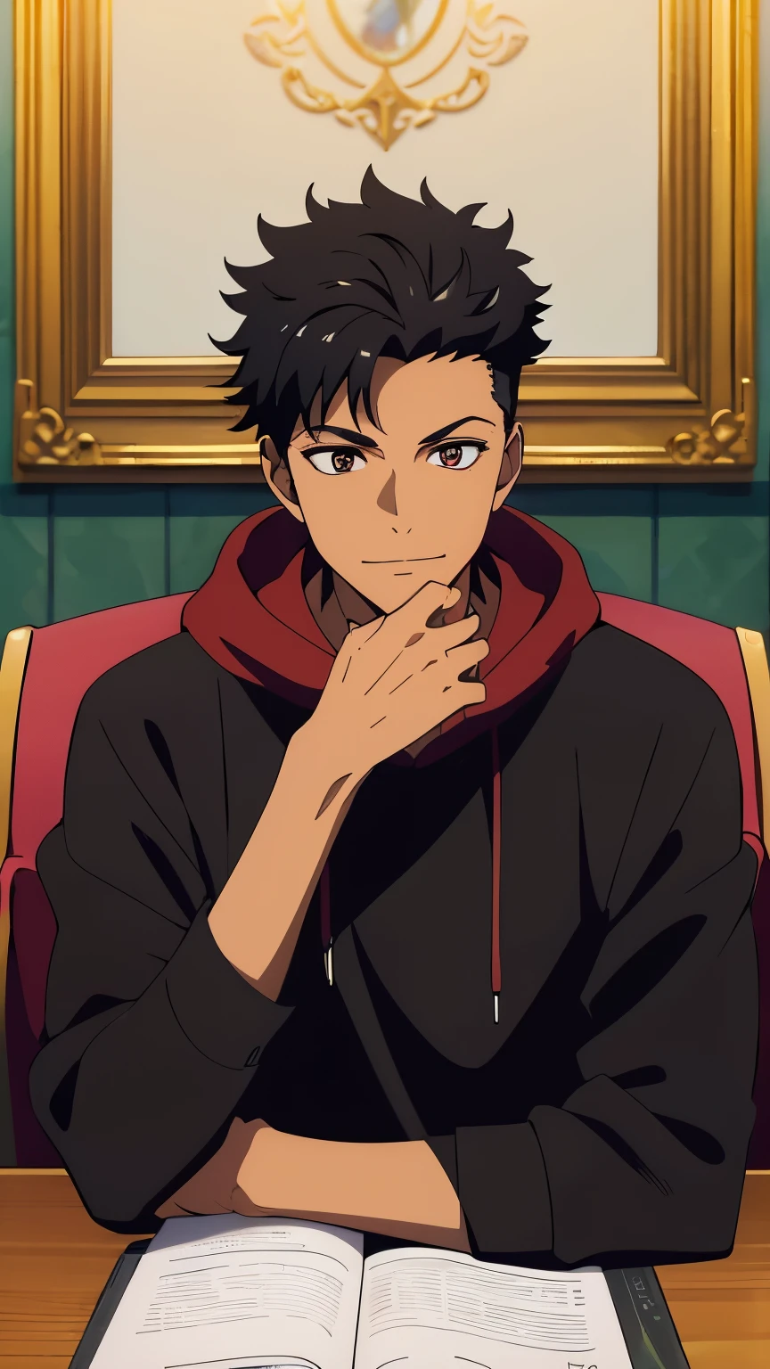 Tan skin, dark colored skin, black skin color, (high-quality, breathtaking),(expressive eyes, perfect face) portrait, 1boy, male, solo, adult, age 20, maroon colored eyes, dark red eyes, wearing black hoodie, cool black hoodie, wearing modern black hoodie, cheeky grin, sly smile, closed mouth sly smile, black hair, black hair with sides faded, short lock hairstyles, looking towards viewer dreamily, big masterpiece, best quality, extremely detailed CG, beautiful detailed eyes, ultra-detailed, intricate details:1.2), 8k wallpaper, elaborate features, glistening shiny, glowing light, ray tracing, HDR, deph of field, (perfect face), HD, perfect lighting, ((beautiful detailed eyelashes)), siting in a fancy chair, wearing black