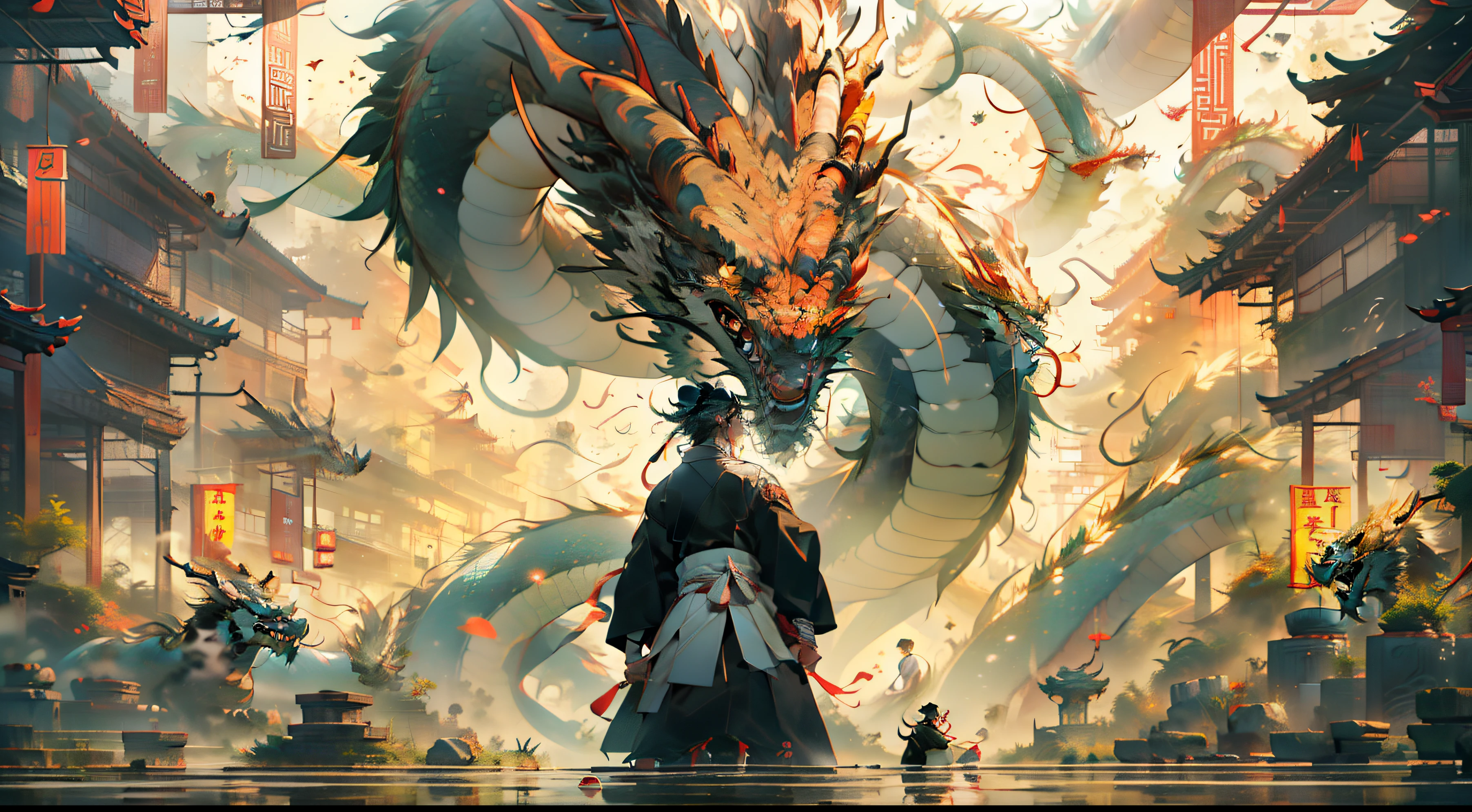(one person)(horny boy, (((black coat))),((Black Hanfu youth)), (((black hair))), King of the Air, Gorgeous, Handsome, Outstanding temperament,sword in hand,Turn your back to the camera,There are a lot of Chinese dragons behind it,dark style,The screen is dark) (Add a little background: Interior view of ancient Chinese highway,Dilapidated Chinese-style building),Chinese dragon warms up