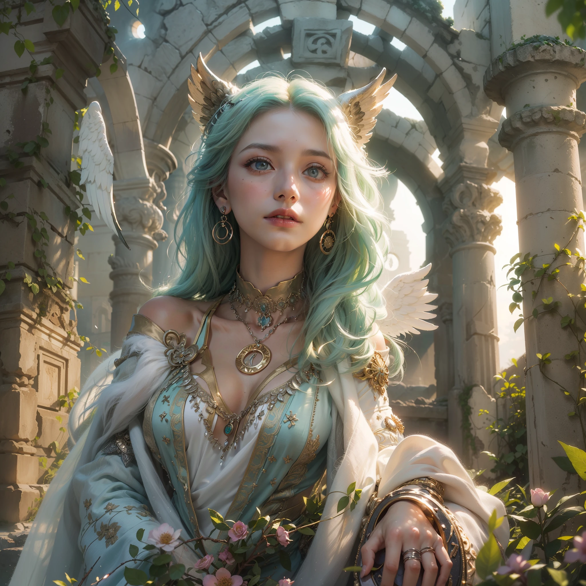 ((cat ears on head)), (award-winning masterpieces galore, incredibly detailed, textured and maximally detailed), (hyper realistic: 1.4), (realistic: 1.3), (top quality realistic textured skin), (dense perfect circle, symmetrically beautifully rendered(angelic light, circle of divine radiance, overhead: 1.8), ((medieval world)), (beautiful gentle eyes), (love the sky with beautiful colored eyes and wonderful cloud mass), (halo optical phenomenon: 1.3), (dramatic light), (wonderful scenery), (verybeautiful expression), , flower earrings in her ears, (((dramatic photo))), (twilight), (sunset), (dusk), ((sacred pose)), (silver hair), (green hair), (chestnut hair)), flower garden, (elaborate necklace around her neck), old ruins infested with plants, great temple, greatcathedral, ruins of a temple, remote temple, (glowing magic circle), ruins of an ancient castle, desolate ruins, crumbling ruins, ancient ruins with clear water, holy light, epic realistic, ((neutral color)), (HDR:1.5), (subdued color:1.2), highly detailed, cinematic, warmLight, Dramatic light, (Complex details:1.1), Complex background, Petals, Pastel colors