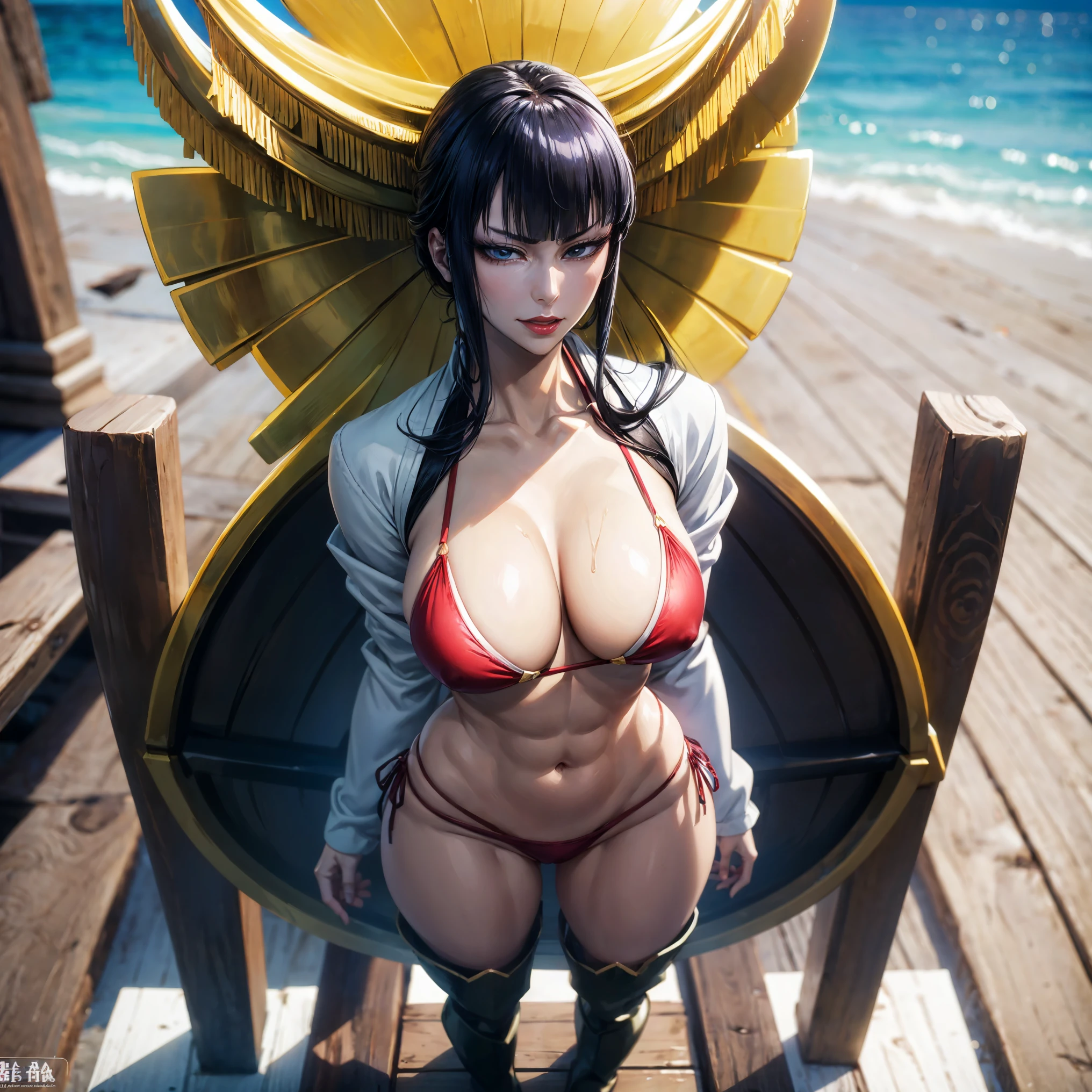 (masterpiece), best quality, expressive eyes, perfect face, solo Unohana from bleach in sexy bikini 30 year old women seductive body big breasts big thigs facing towards screen  parted lips  feminine figure body in  bikini, Lockhart beautiful expressive eyes ,  4k backlighting smirky face full body oiled up sexy body in boots 