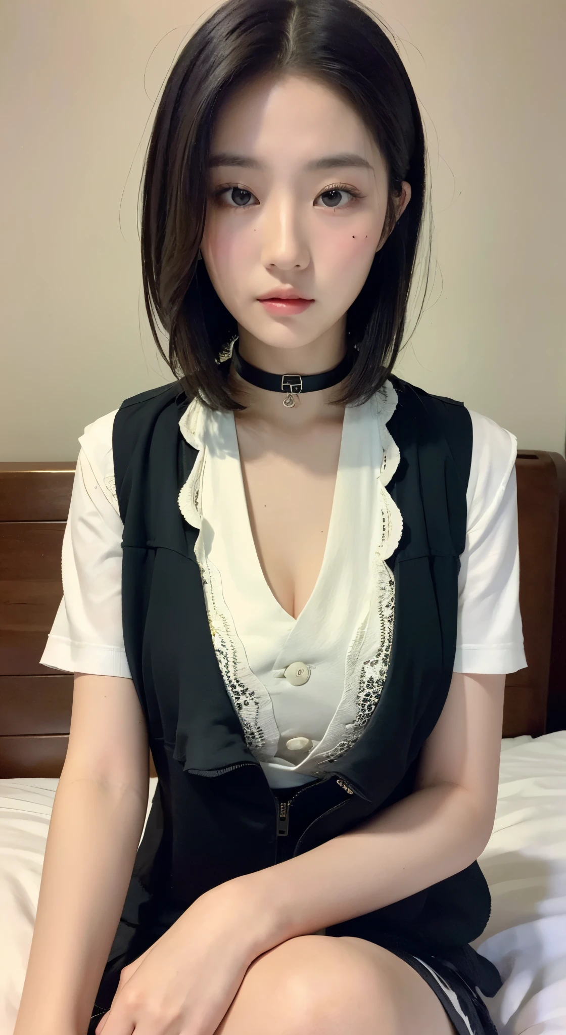 Fubuki Photos, black hair, green eyes, short hair, had big breasts and a big butt, (wet skin and hair:1.5), (white skin), (sweating) ,(beautiful scenery),(perfect face), masterpiece, blush, 1 girl, alone, sexy pose, Smooth anime CG art, slight smile, (jirai fashion、jirai make up), (5 girl:1.8)、in a hotel room、bedroom、on the bed、small face、white oversized shirt