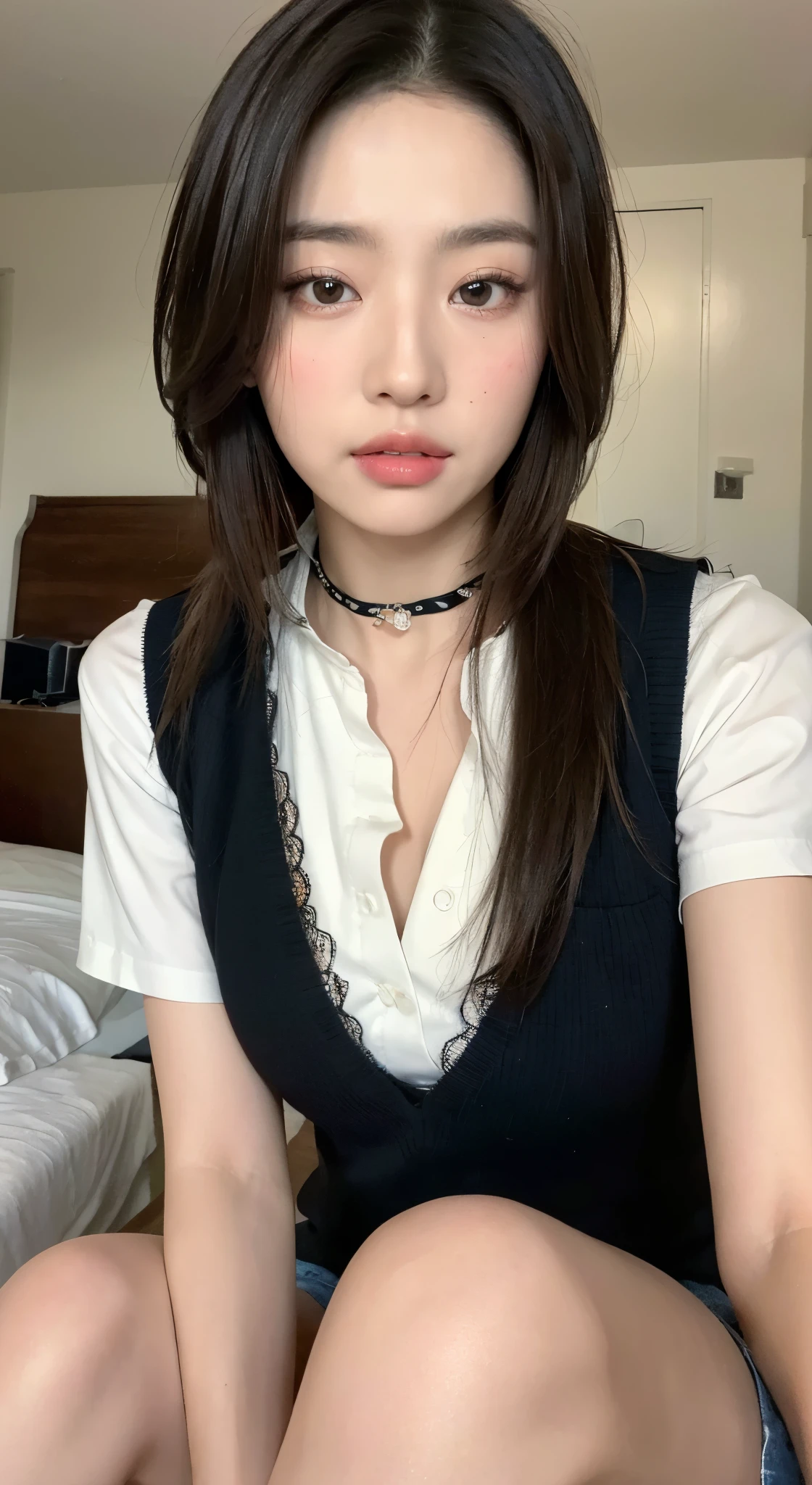 ((best quality, 8k, masterpiece :1.3)),beautiful woman,hide your face,2 girls,Beautiful big breasts:1.3,Slim abs:1.1,lace,collar,white,,long black hair,(sitting on bed),Super detailed face,highly detailed lips,delicate eyes,Double eyelids with clear focus :1.2, 完美身材beautiful woman:1.4, ((layered hairstyle:1.2)), (vest shirt:1.1 ),Highly detailed facial and skin textures,