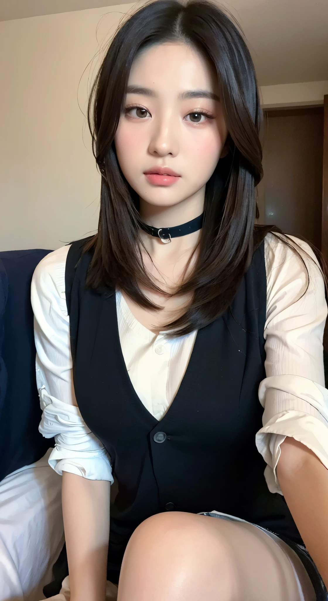 ((best quality, 8k, masterpiece :1.3)),beautiful woman，hide your face，2 girls，Beautiful big breasts：1.3，Slim abs：1.1，lace，collar，white，，long black hair，（sitting on bed），Super detailed face，highly detailed lips，delicate eyes，Double eyelids with clear focus :1.2, 完美身材beautiful woman:1.4, ((layered hairstyle:1.2)), (vest shirt:1.1 ),Highly detailed facial and skin textures,