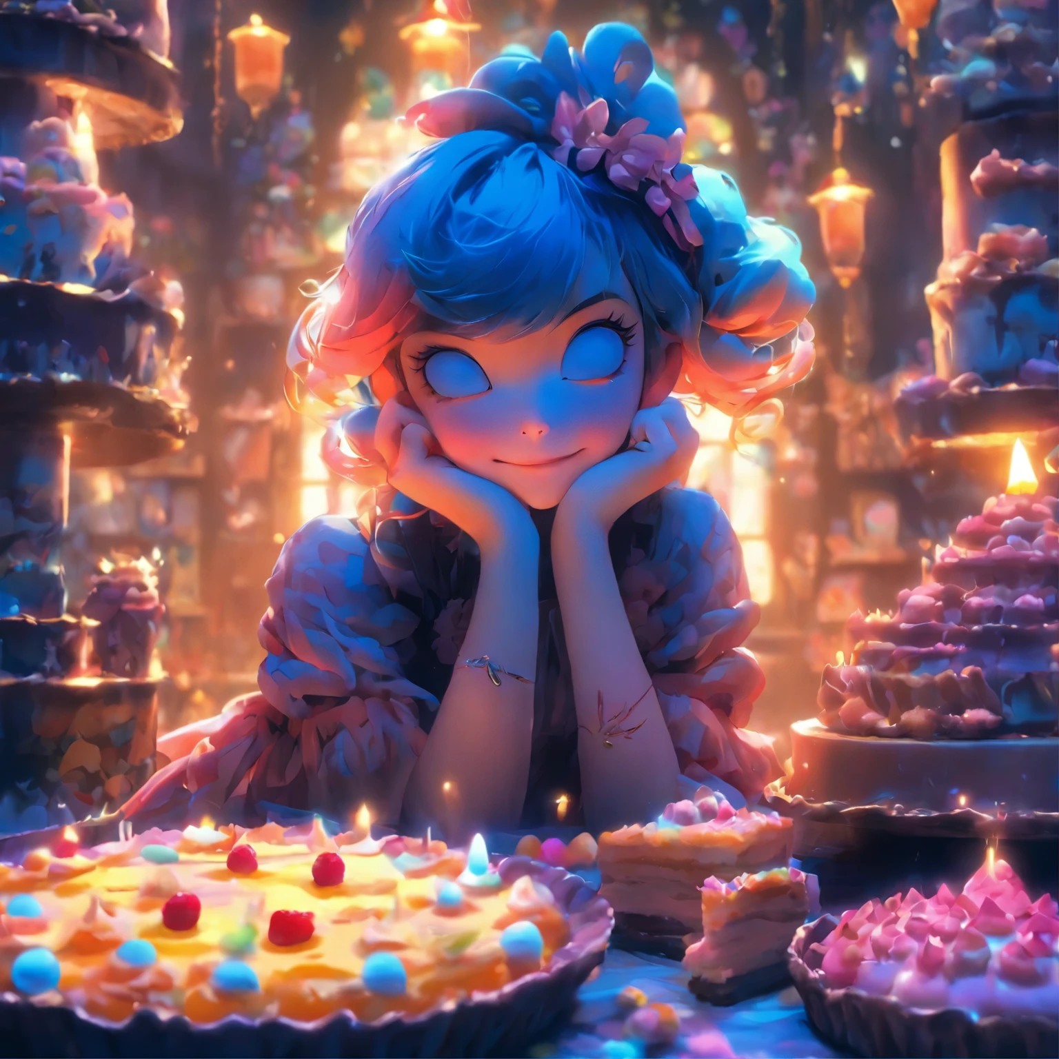 (best quality,4k,8k,highres,masterpiece:1.2),ultra-detailed,(realistic,photorealistic,photo-realistic:1.37),girl,happy surrounded by desserts,Esao Andrews style,Tim Burton style,dark art,pixiv,deviantart,inkpunk,sweet atmosphere,lush desserts,delicate pastries,detailed frosting,whimsical cakes,gothic elements,vibrant colors,captivating shadows,mysterious lighting,dreamlike ambiance,fantastical backgrounds,dainty confections,fanciful treats,tempting sweets,gloomy yet enchanting,hauntingly beautiful,portraits of melancholy,cake sculptures,ethereal beauty,twisted imagination,unique characters,enchanted world,storybook-like setting,strange and whimsical creatures