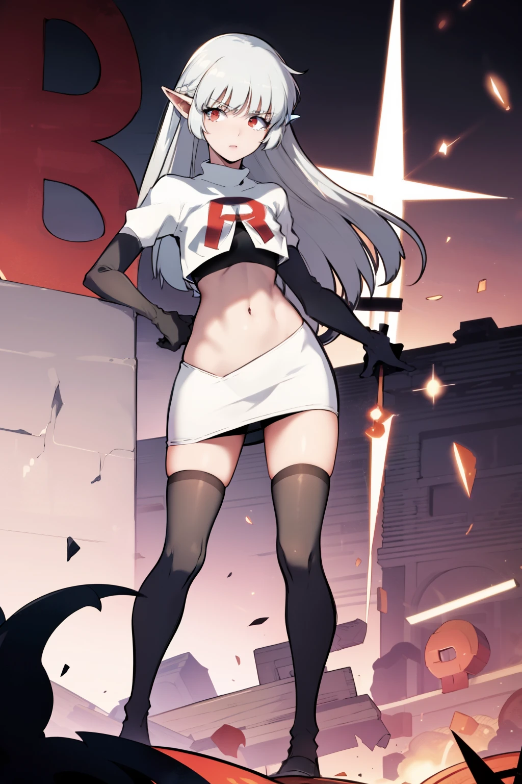 best quality, (masterpiece:1.2), detailed,
alice,
grey hair, long hair, red eyes, pointy ears, small breasts,
team rocket,team rocket uniform, red letter R, white skirt,white crop top,black thigh-highs,black elbow gloves,
looking at the viewer,