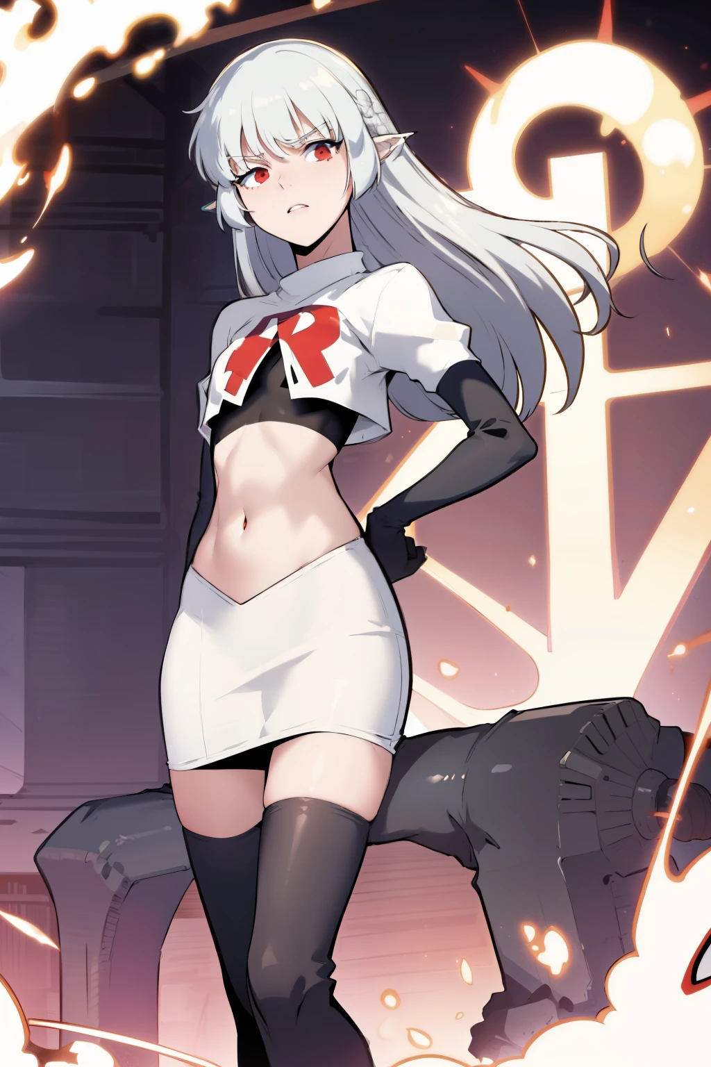 best quality, (masterpiece:1.2), detailed,
alice,
grey hair, long hair, red eyes, pointy ears, small breasts,
team rocket,team rocket uniform, red letter R, white skirt,white crop top,black thigh-highs,black elbow gloves,
looking at the viewer,