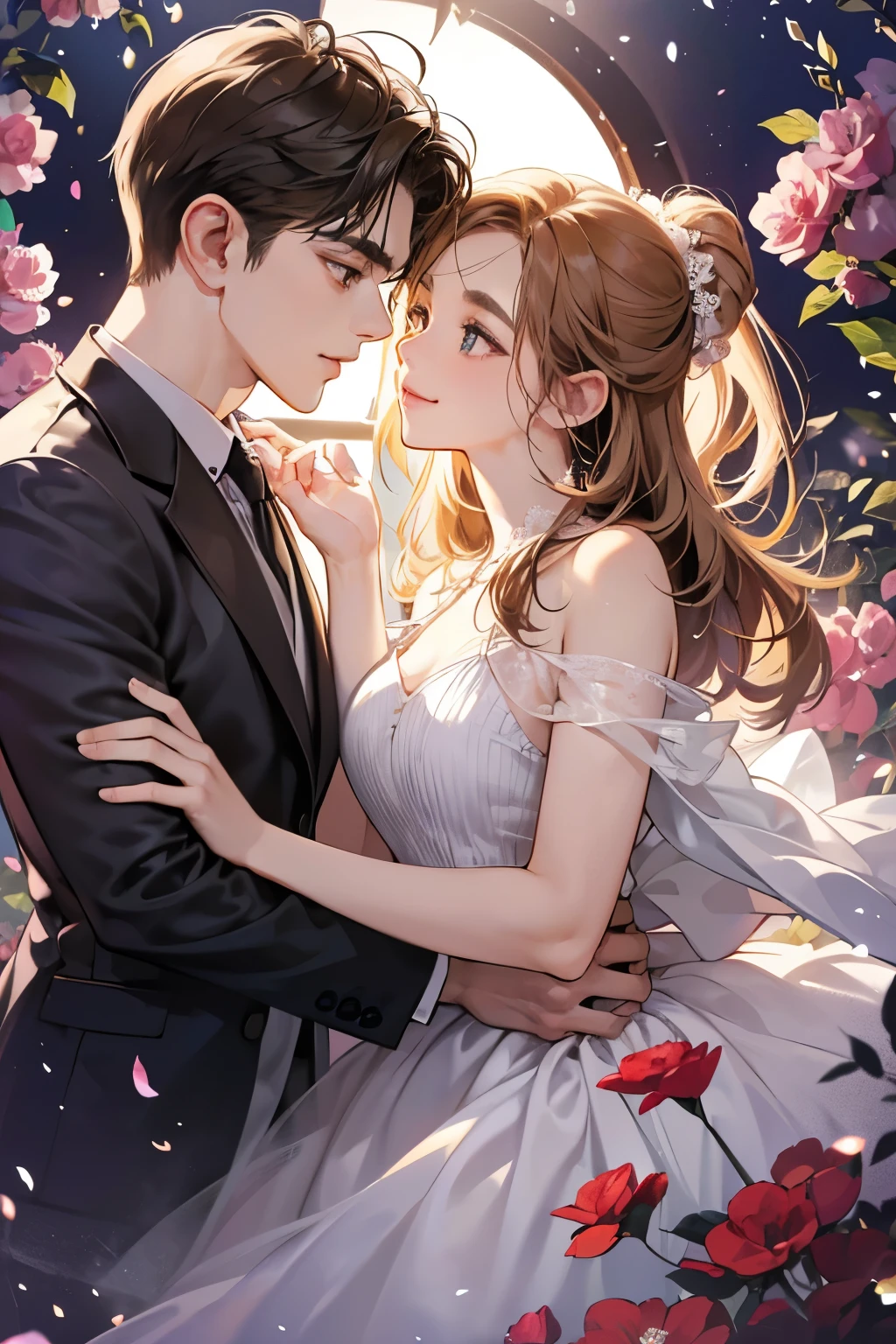 (table top, digital illustration, 4k, 8k, super detailed, beautiful images, clear image, perfect face, perfect lines, perfect eyes, soft lighting) 1 female, (light brown hair,chignon hair,innocent look,droopy eyebrows,droopy eyes、With a round face,round chin、innocence,cute,Big eyes,natural makeup,smile gently,E cup,23 years old:1.3),Two handsome men in suits, (human,man wearing a suit,muscular,solid shoulder width, boyish hairstyle,A man in his 30s with a cool expression,28 year old man with a bright smile:1.2),garden full of light、lots of flowers、squirt、colorful flower light,(embarrassing,shy smile:1.2),resort sofa,kiss、カップルkiss、romance porn、male and female couple looking at each other、In a fight