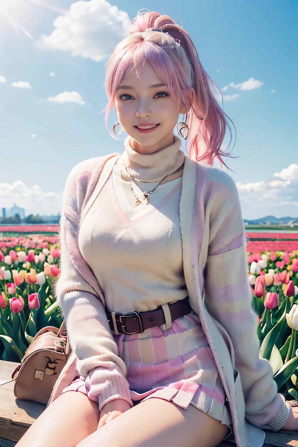 (8K, top-quality, masterpiece:1.2), (reallistic, Photorealsitic:1.37), Super Detail, One girl,), (Highly detailed), (beautifully detailed eyes), (of the highest quality), (super detailed ), (masterpiece), (Detailed face),20yr old, ,1 girl, ((pink hair,long hair)), medium breasts, clothed, Perfect Lighting, BREAK (beige wool coat:1.3), (pink and white striped knit sweater:1.4), (white T-shirt:1.2), (beige and brown checkered mini skirt:1.5), (pink knee-high socks:1.2), (brown leather boots:1.2), (pink earrings:1.2), (pink necklace:1.2), (white scarf:1.2), (white beret:1.2), (black belt:1.2), (black bag:1.2),BRAKE (upper body to knee:1.2), (pink hair with light blue inner color:1.3), (side ponytail with white and pink striped ribbon:1.4), (smiling and looking at the camera:1.2), (lifting the collar of the coat with right hand:1.3), (fluttering the hem of the skirt with left hand:1.3), (right leg forward and left leg backward:1.2), (body slightly tilted to the right:1.2), (tulip flower field:1.3), (colorful flowers:1.4), (blue sky:1.2), (fluffy clouds:1.2), (sunlight on the face:1.3)