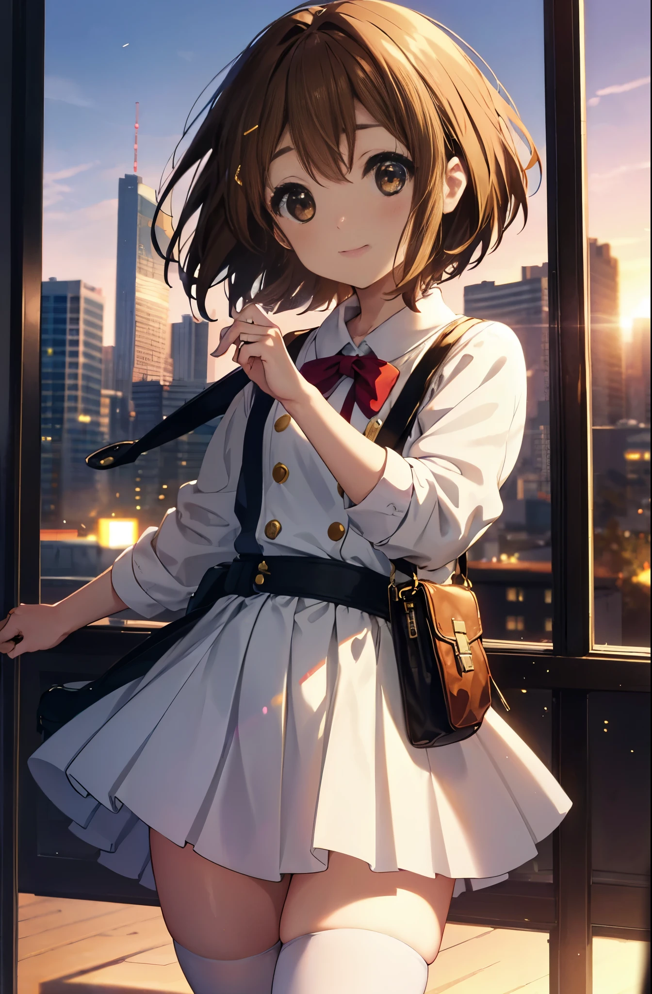 yuihirasawa, yui hirasawa, short hair, brown hair, hair ornaments, (brown eyes:1.5),blush,smile,white oversized sweater, black pleated skirt,white pantyhose,short boots,hair clip,guitar(Gibson Les Paul)flip、smile、Overlooking the city from the top of the hill、the sunset is beautiful、風が強い
break otdoors, ,
break looking at viewer, (cowboy shot:1.5),
break (masterpiece:1.2), highest quality, High resolution, unity 8k wallpaper, (shape:0.8), (fine and beautiful eyes:1.6), highly detailed face, perfect lighting, Very detailed CG, (perfect hands, perfect anatomy),