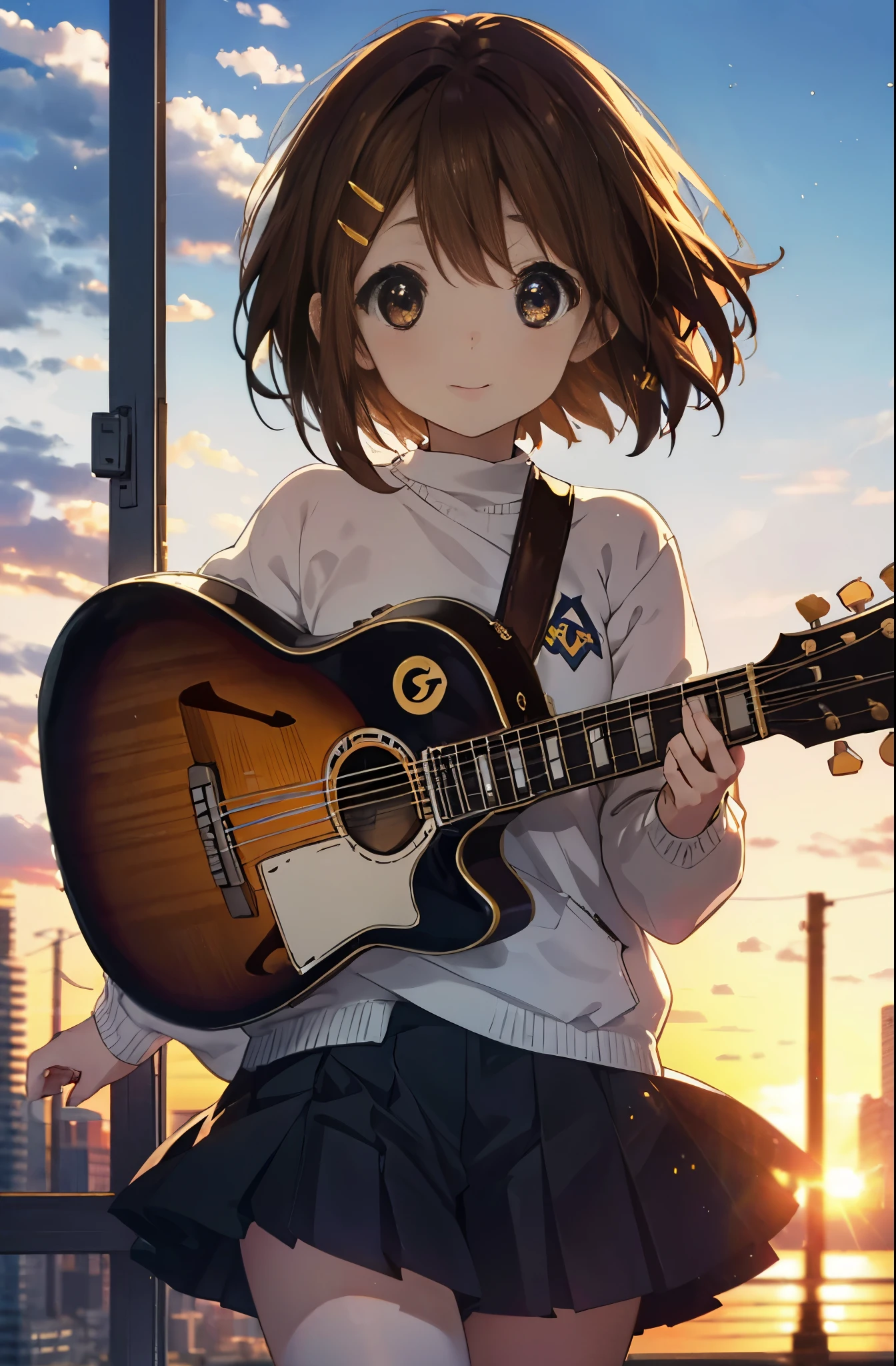 yuihirasawa, yui hirasawa, short hair, brown hair, hair ornaments, (brown eyes:1.5),blush,smile,white oversized sweater, black pleated skirt,white pantyhose,short boots,hair clip,guitar(Gibson Les Paul)flip、smile、Overlooking the city from the top of the hill、the sunset is beautiful、風が強い
break otdoors, ,
break looking at viewer, (cowboy shot:1.5),
break (masterpiece:1.2), highest quality, High resolution, unity 8k wallpaper, (shape:0.8), (fine and beautiful eyes:1.6), highly detailed face, perfect lighting, Very detailed CG, (perfect hands, perfect anatomy),