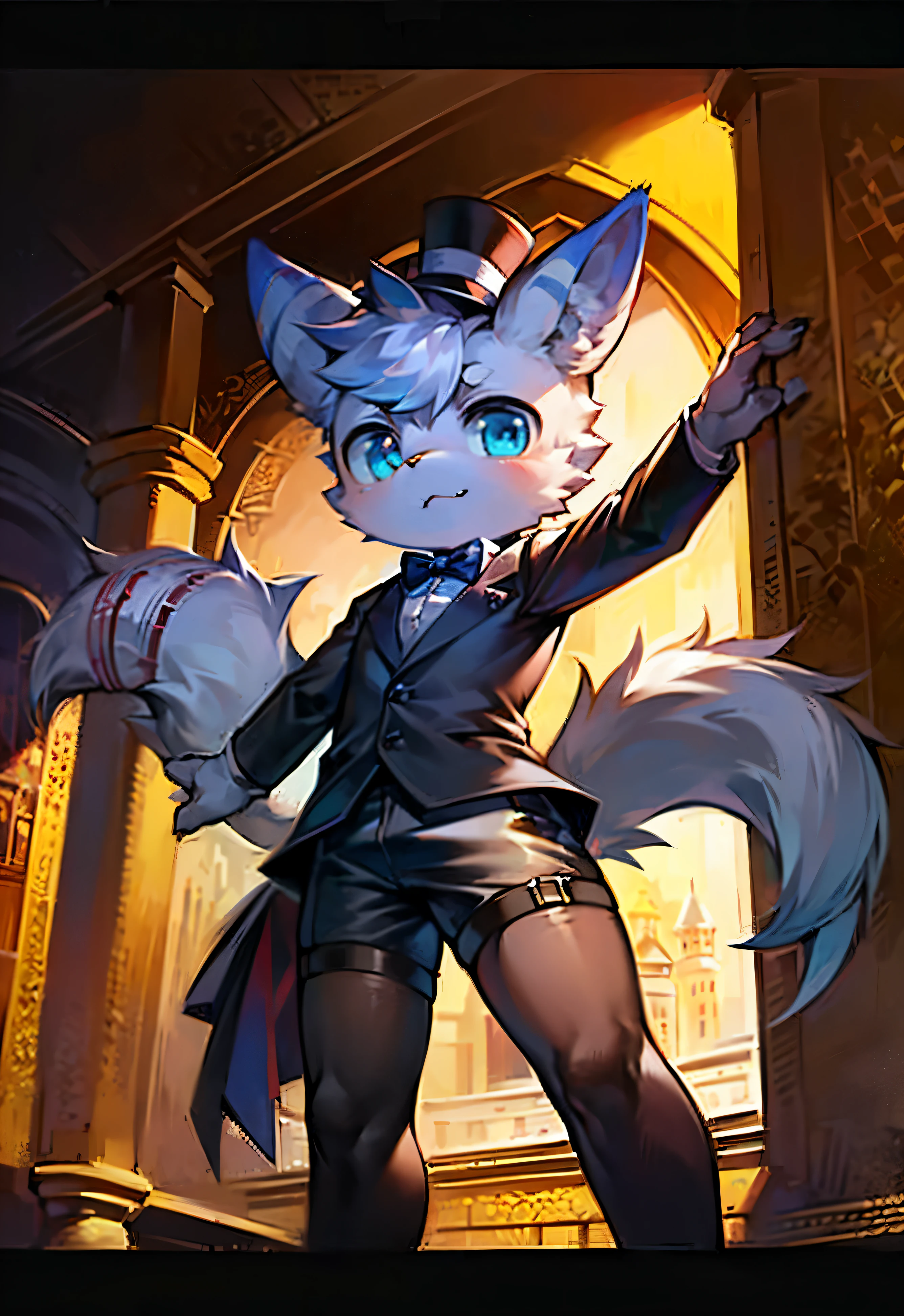 masterpiece, high quality, number \(artwork\),(fluffy fur,Character focus:1.1), meow_male,whole body, Shota, boy,juvenile,proudly,Bright Eyes,panoramic,gothic style,castle,Character focus.(Detailed background:1.2),alone,hairy的 male ,male focus,Hana Charcoal,eyes are very bright, (Cat,shirt,shorts,garter stockings,top hat:1.2)panoramic, Character Focus Solo, hairy, hairy Shota,blue eyes,young style,charming,noble