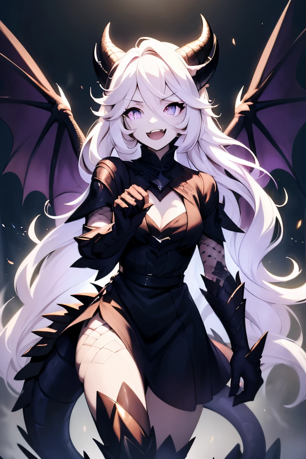Masterpiece, big crazed open smile,evil menacing face and smile, laughing open fanged smile,(Highres,4k,highly detailed, best quality),1woman, very long wavy white hair, glowing purple dragon eyes, dragon scales on her body, slender and tall, very long ornate black gothic black dress, dragon legs and hands, 2 large angel wings, 6 horns with 3 on each side, small-medium chest, white feathers on tail and along her body,1 tail, head tilted, killer looking face, purple haze streaming from her eyes, focus on face