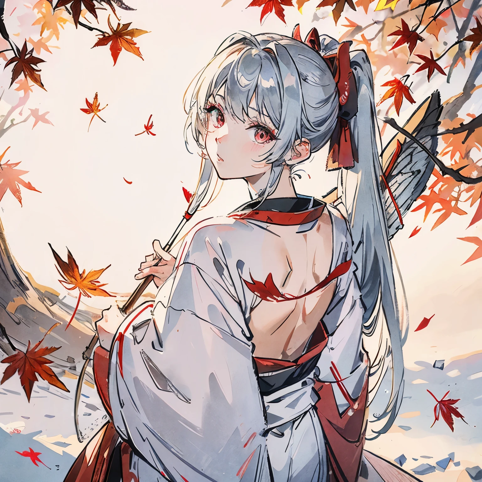 10th generation male、gray hair、long ponytail、It is tied close to the ends of the hair.、red eyes、White Onmyoji Costume、(like an insect)Transparent wings grow on its back、prepare a bow and arrow、turning away、Autumn leaves in the background、The weather is sunny、cheerful look