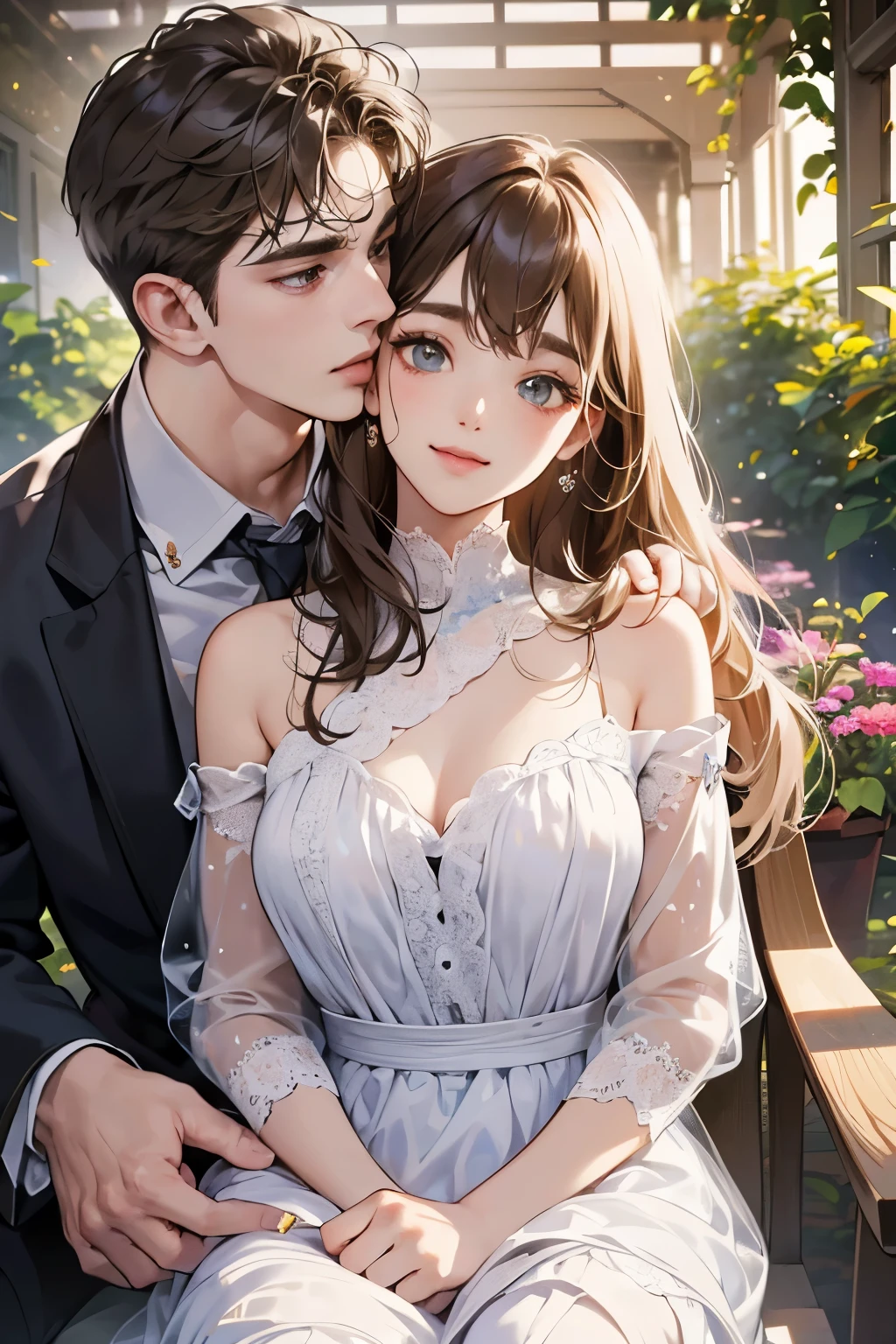 (table top, digital illustration, 4k, 8k, super detailed, beautiful images, clear image, perfect face, perfect lines, perfect eyes, soft lighting) 1 female, (light brown hair,chignon hair,innocent look,droopy eyebrows,droopy eyes、With a round face,round chin、innocence,cute,Big eyes,natural makeup,smile gently,E cup,23 years old:1.3),Two handsome men in suits, (human,man wearing a suit,muscular,solid shoulder width, boyish hairstyle,A man in his 30s with a cool expression,28 year old man with a bright smile:1.2),garden full of light、lots of flowers、squirt、colorful flower light,(embarrassing,shy smile:1.2),resort sofa,kiss、カップルkiss、romance porn、male and female couple looking at each other、In a fight、Afternoon tea、lunch