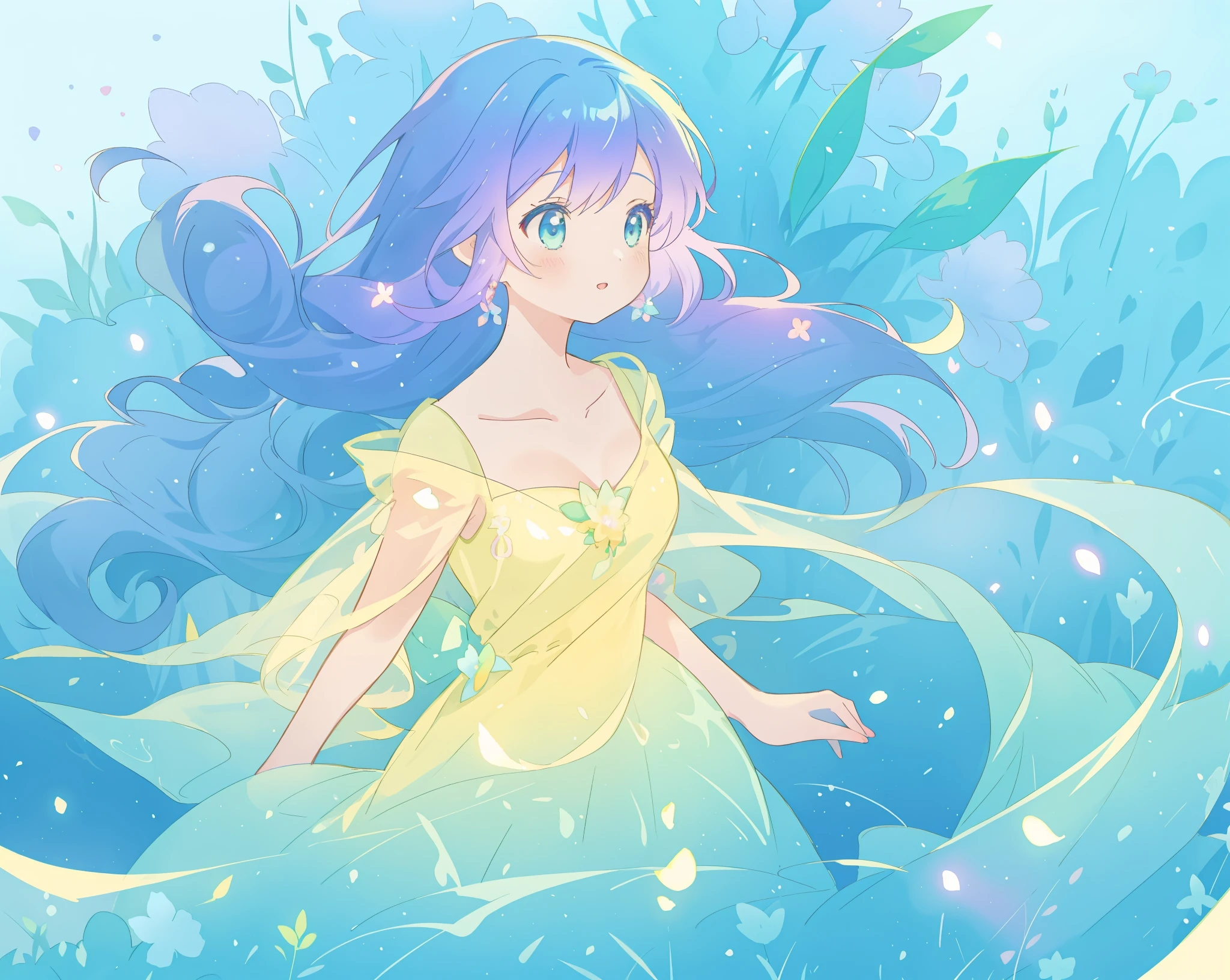 beautiful girl in yellow mint gradient flowing ballgown, long flowing blue purple hair, colorful fantasia background, watercolor illustration, disney art style, glowing aura around her, glowing lights, beautiful digital illustration, fantasia otherworldly landscape plants flowers, beautiful, masterpiece, best quality, anime disney style