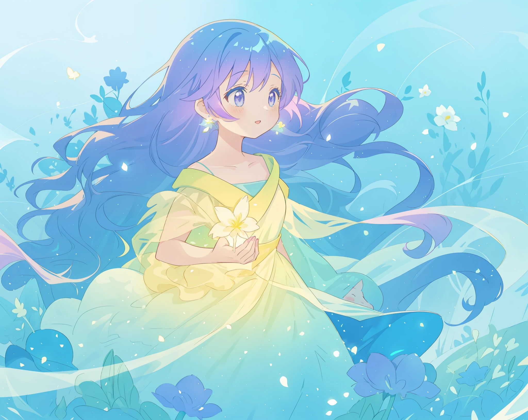 beautiful girl in yellow mint gradient flowing ballgown, long flowing blue purple hair, colorful fantasia background, watercolor illustration, disney art style, glowing aura around her, glowing lights, beautiful digital illustration, fantasia otherworldly landscape plants flowers, beautiful, masterpiece, best quality, anime disney style