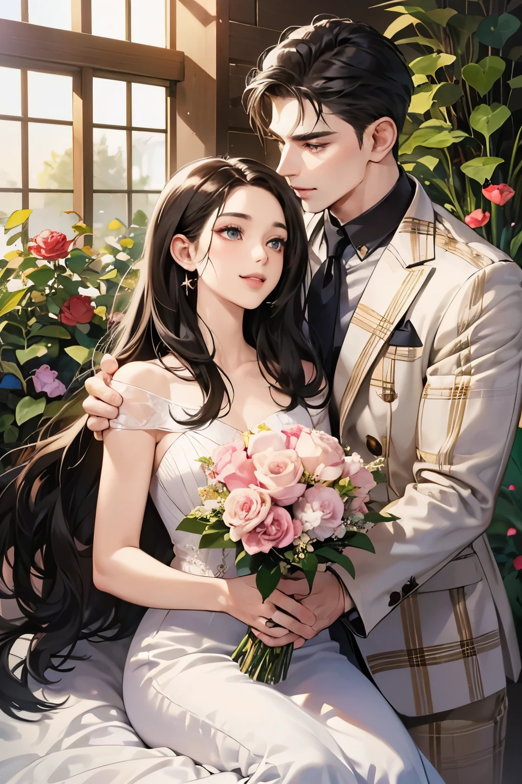 (table top, digital art, digital illustration, 4k, 8k, super detailed, beautiful images, clear image, realistic, RAW photo, perfect face, perfect lines, perfect eyes, soft lighting) ,1 female, (long black hair,straight hair,bullish look,beautiful woman,grace,Make up well,23 is a novel,:1.3),Two handsome men in suits, (human,muscular,solid shoulder width, mens,boyish hairstyle,british gentleman's style,A man in his 30s with a cool expression,28 year old man with a bright smile:1.2),Show your white teeth and smile(embarrassing,shy smile:1.1),garden full of light、squirt、resort sofa、colorful flowers、innocent smile,smile、couple kissing、kiss、the kiss、romance、Mermaid line wedding dress rose bouquet、