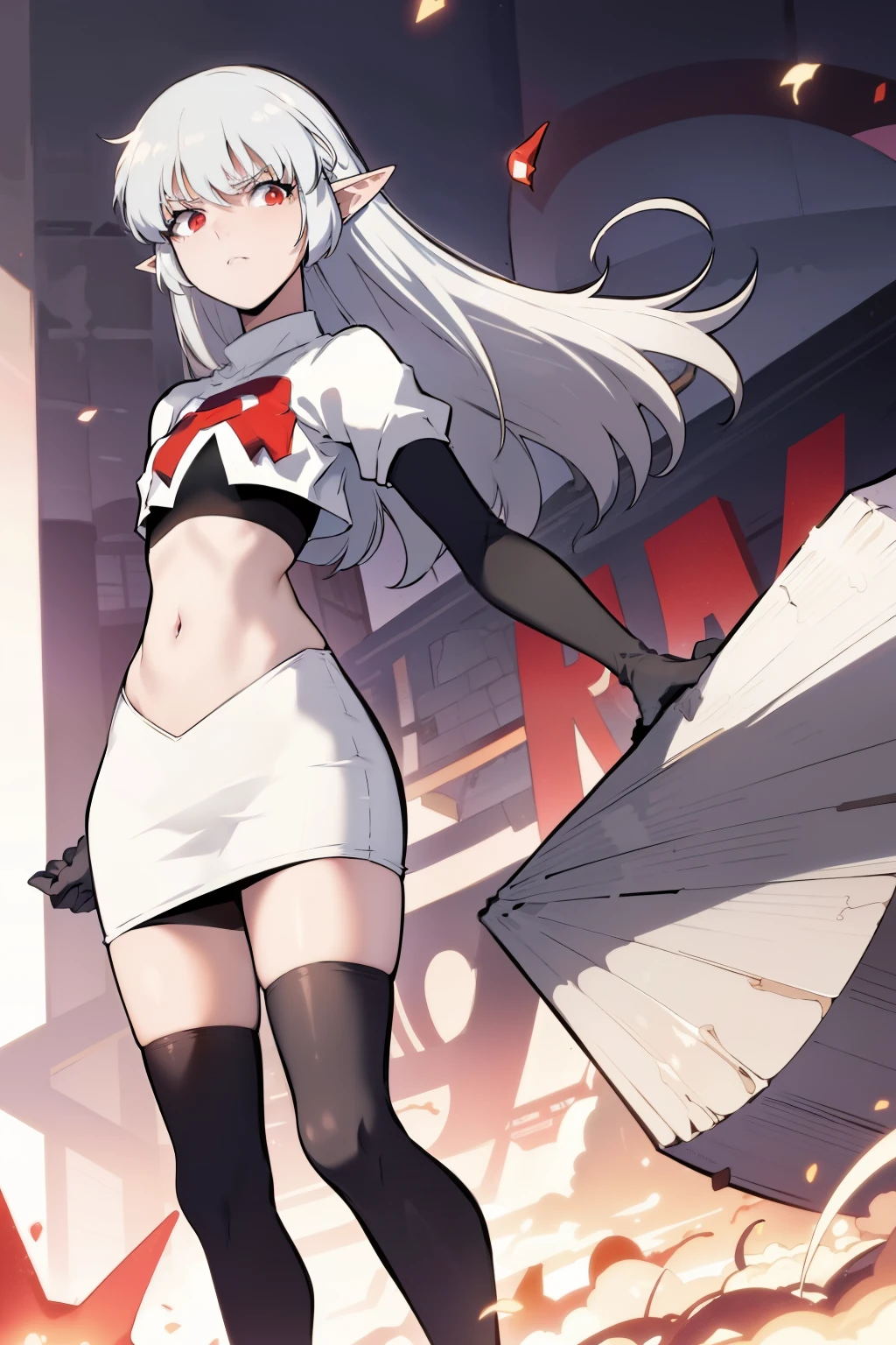 best quality, (masterpiece:1.2), detailed,
alice,
grey hair, long hair, red eyes, pointy ears, small breasts,
team rocket,team rocket uniform, red letter R, white skirt,white crop top,black thigh-highs,black elbow gloves,
looking at the viewer,