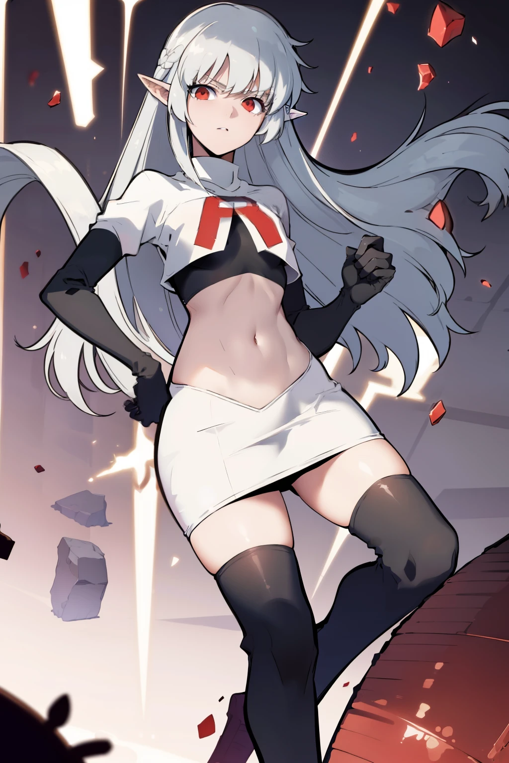 best quality, (masterpiece:1.2), detailed,
alice,
grey hair, long hair, red eyes, pointy ears, small breasts,
team rocket,team rocket uniform, red letter R, white skirt,white crop top,black thigh-highs,black elbow gloves,
looking at the viewer,