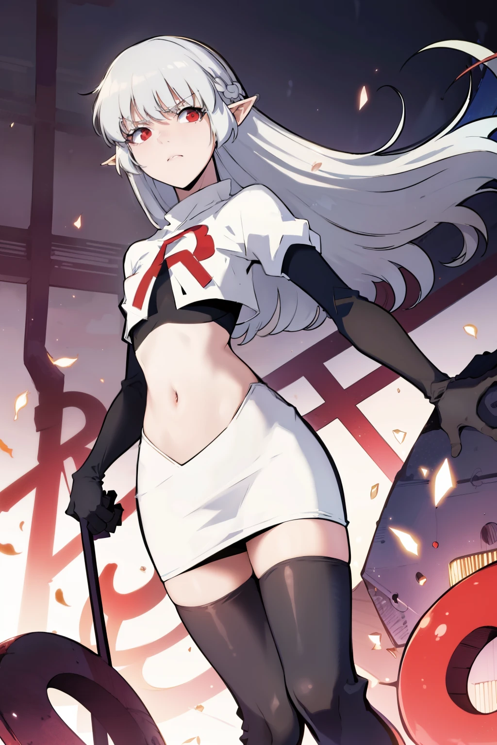 best quality, (masterpiece:1.2), detailed,
alice,
grey hair, long hair, red eyes, pointy ears, small breasts,
team rocket,team rocket uniform, red letter R, white skirt,white crop top,black thigh-highs,black elbow gloves,
looking at the viewer,