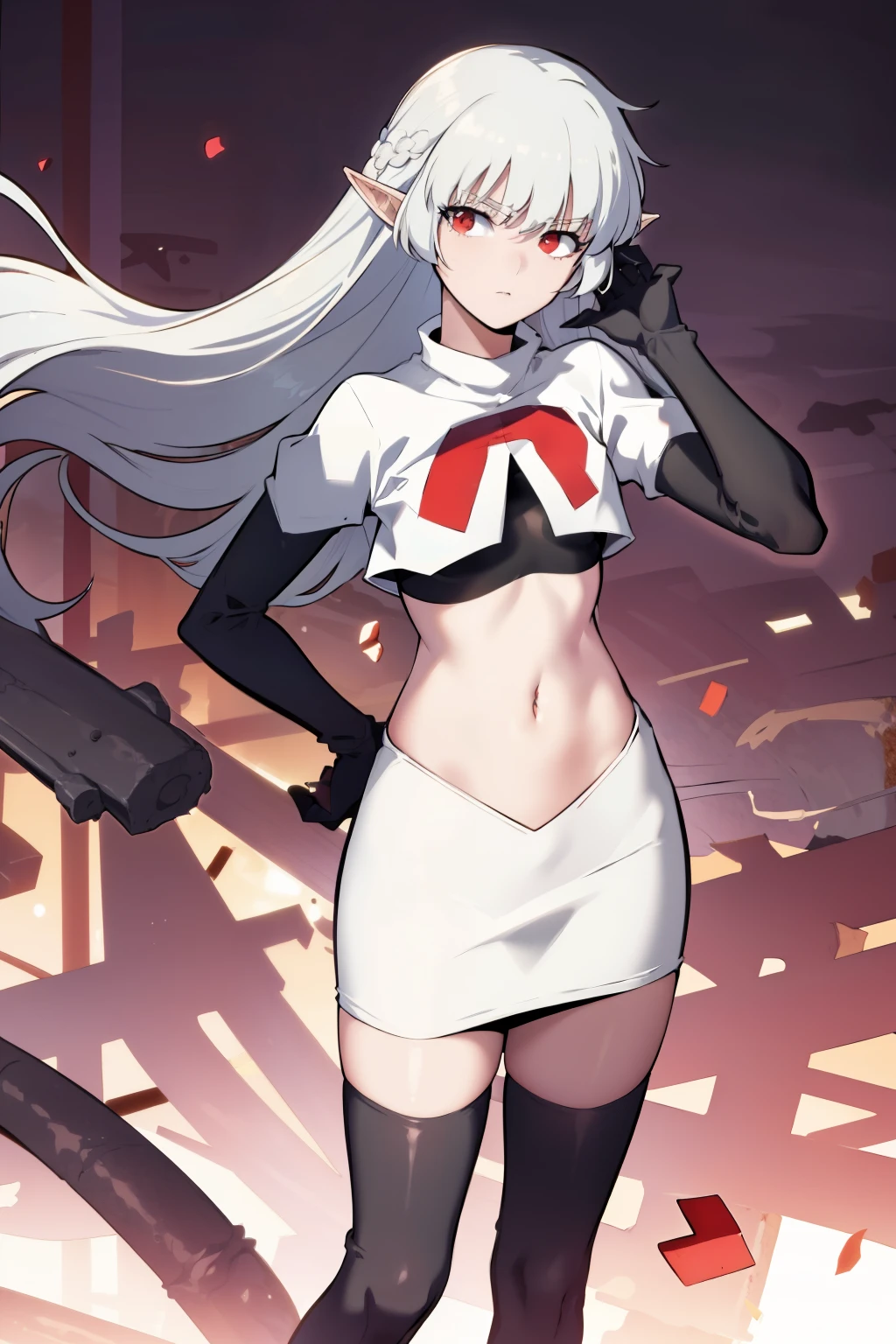 best quality, (masterpiece:1.2), detailed,
alice,
grey hair, long hair, red eyes, pointy ears, small breasts,
team rocket,team rocket uniform, red letter R, white skirt,white crop top,black thigh-highs,black elbow gloves,
looking at the viewer,