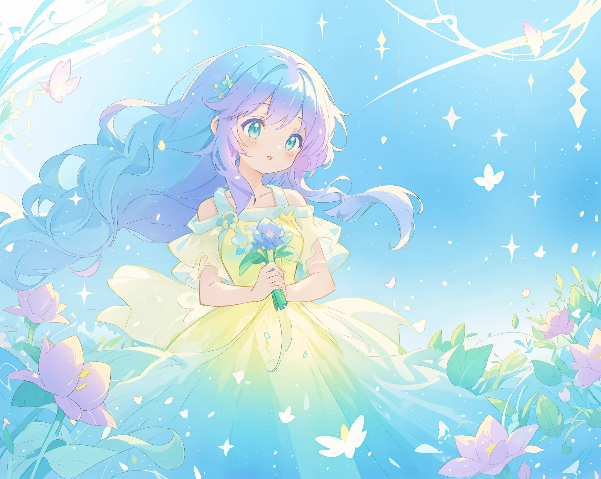 beautiful girl in yellow mint gradient flowing ballgown, long flowing blue purple hair, colorful fantasia background, watercolor illustration, disney art style, glowing aura around her, glowing lights, beautiful digital illustration, fantasia otherworldly landscape plants flowers, beautiful, masterpiece, best quality, anime disney style