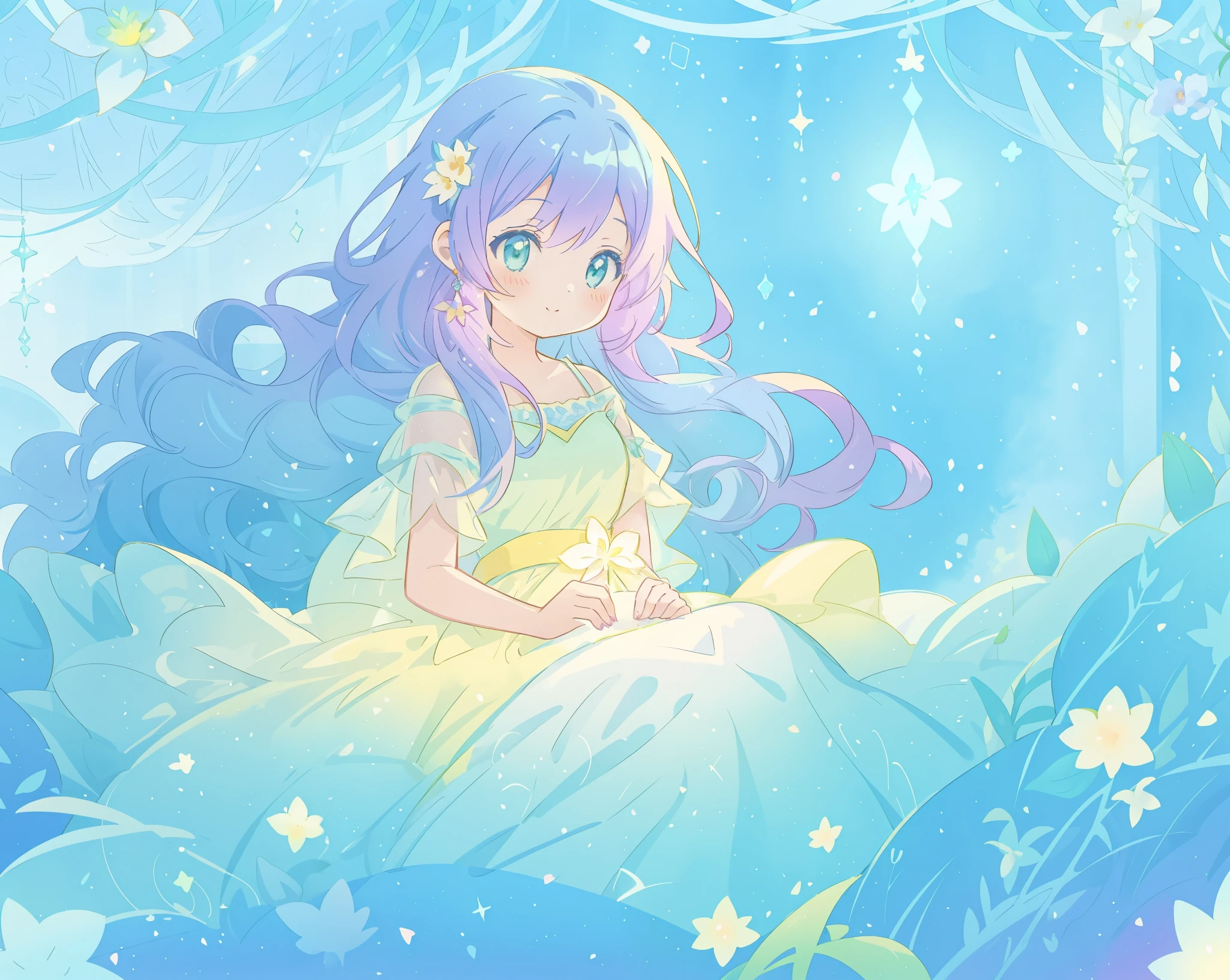beautiful girl in yellow mint gradient flowing ballgown, long flowing blue purple hair, colorful fantasia background, watercolor illustration, disney art style, glowing aura around her, glowing lights, beautiful digital illustration, fantasia otherworldly landscape plants flowers, beautiful, masterpiece, best quality, anime disney style