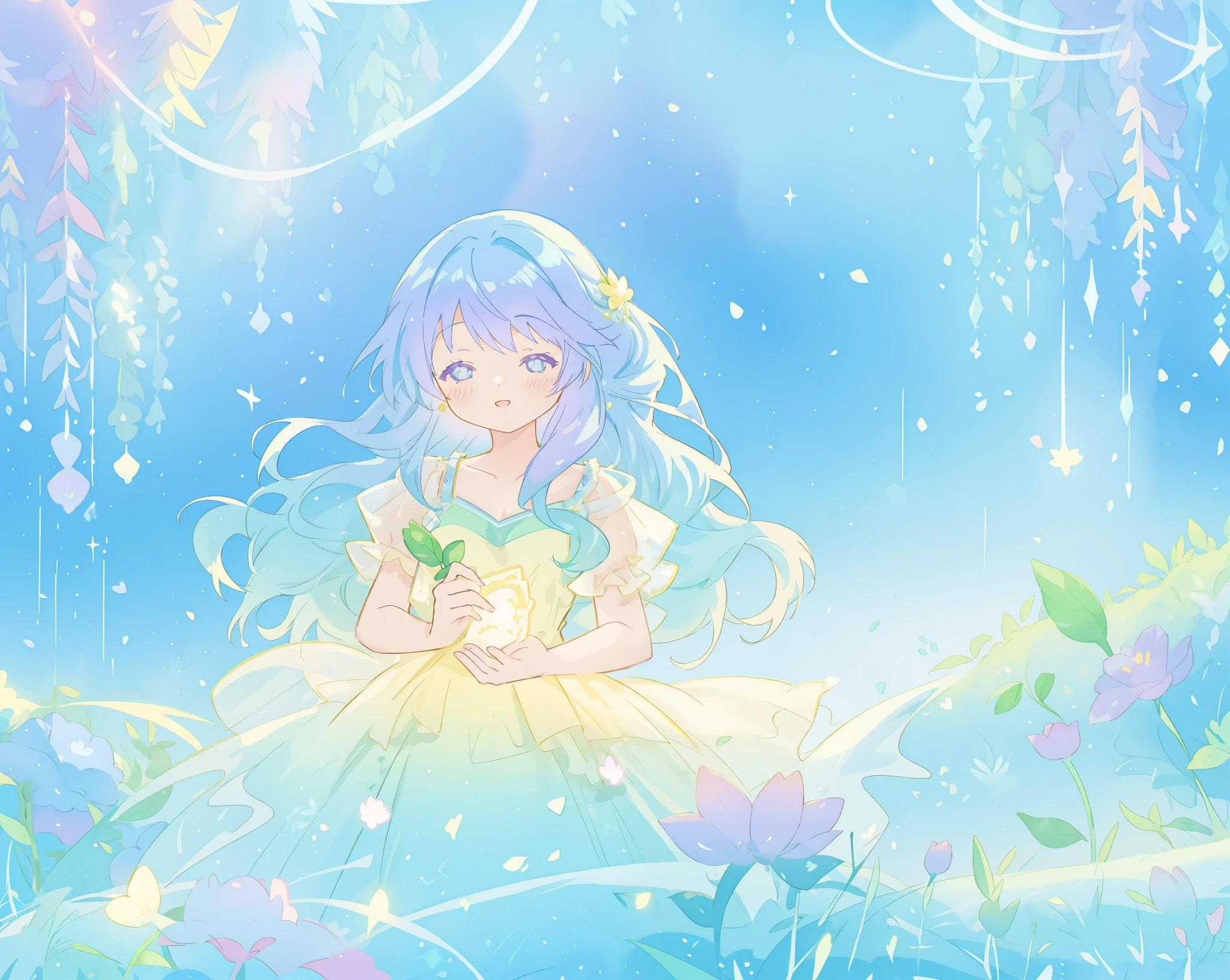 beautiful girl in yellow mint gradient flowing ballgown, long flowing blue purple hair, colorful fantasia background, watercolor illustration, disney art style, glowing aura around her, glowing lights, beautiful digital illustration, fantasia otherworldly landscape plants flowers, beautiful, masterpiece, best quality, anime disney style