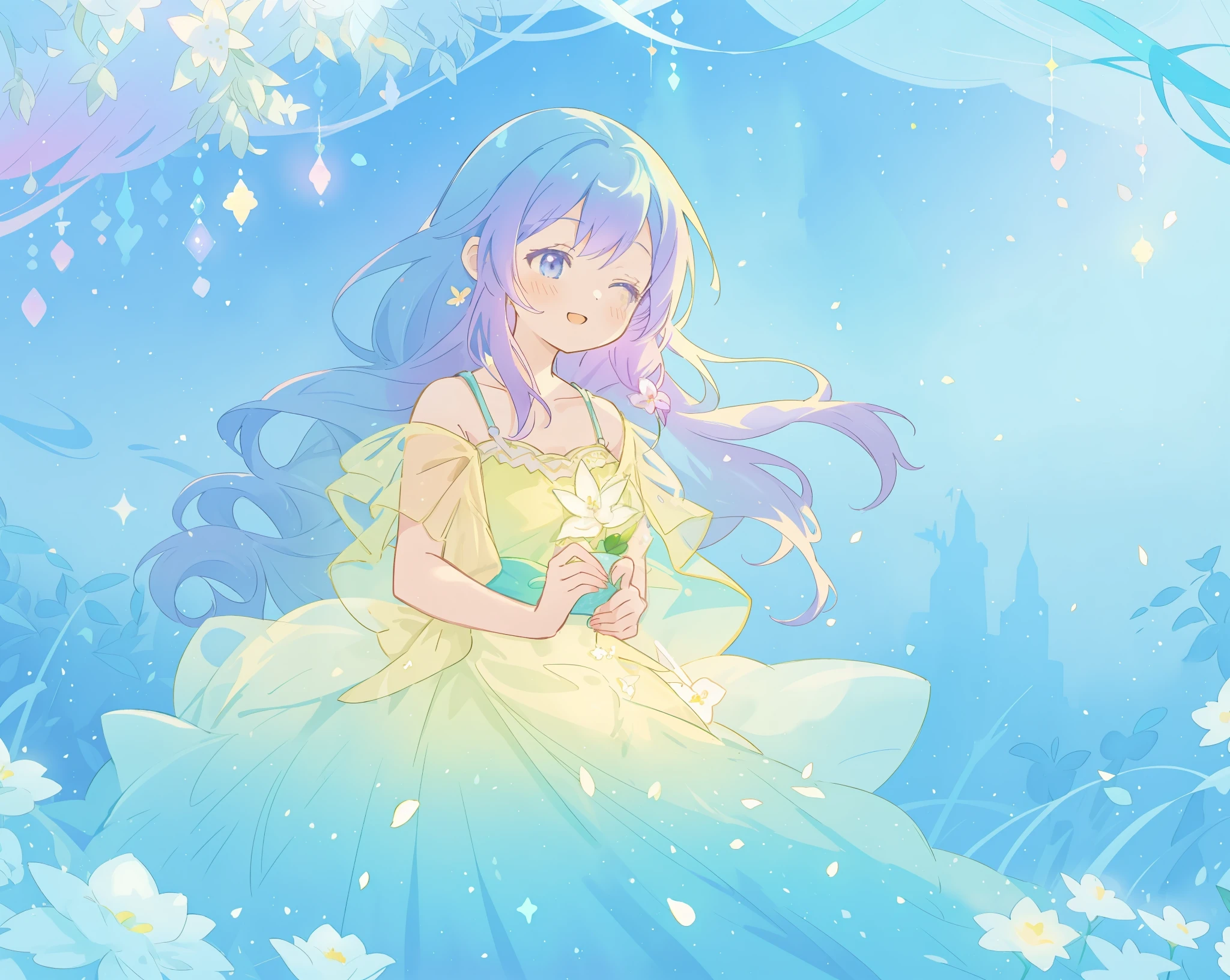 beautiful girl in yellow mint gradient flowing ballgown, long flowing blue purple hair, colorful fantasia background, watercolor illustration, disney art style, glowing aura around her, glowing lights, beautiful digital illustration, fantasia otherworldly landscape plants flowers, beautiful, masterpiece, best quality, anime disney style