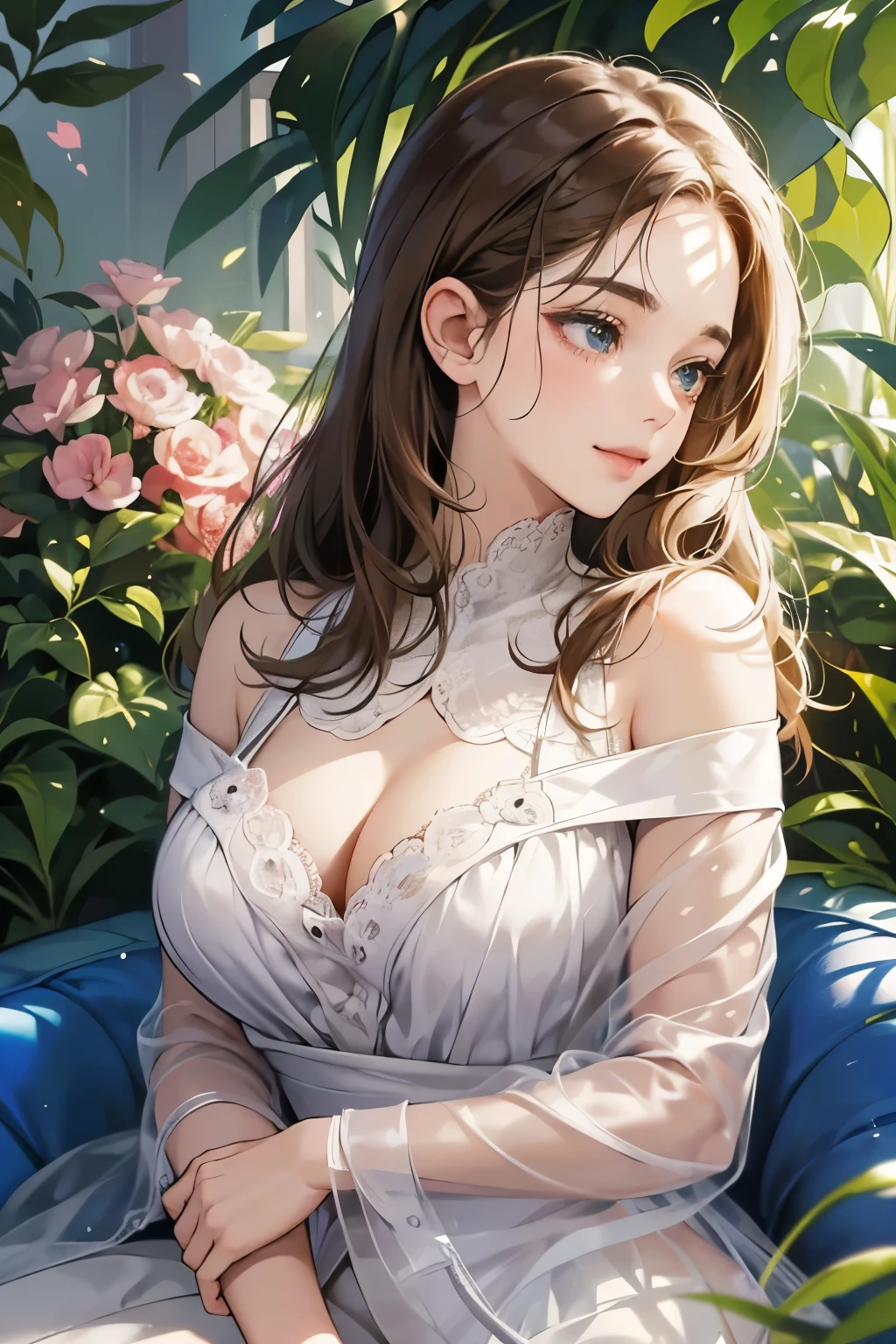 (table top, digital illustration, 4k, 8k, super detailed, beautiful images, clear image, perfect face, perfect lines, perfect eyes, soft lighting) 1 female, (light brown hair,chignon hair,innocent look,droopy eyebrows,droopy eyes、With a round face,round chin、innocence,cute,Big eyes,natural makeup,smile gently,E cup,23 years old:1.3),Two handsome men in suits, (human,man wearing a suit,muscular,solid shoulder width, boyish hairstyle,A man in his 30s with a cool expression,28 year old man with a bright smile:1.2),garden full of light、lots of flowers、squirt、colorful flower light,(embarrassing,shy smile:1.2),resort sofa,kiss、カップルkiss、romance porn、male and female couple looking at each other、In a fight、Afternoon tea、lunch