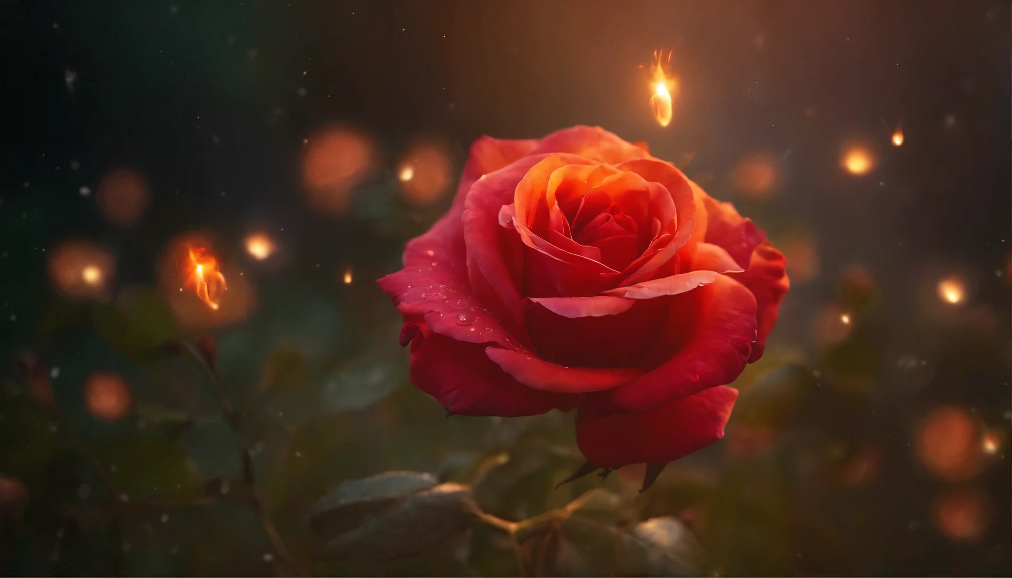 rose with fireflies that is burning in fire