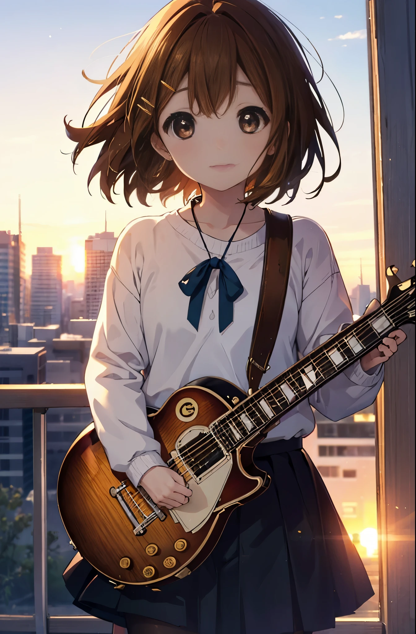 yuihirasawa, yui hirasawa, short hair, brown hair, hair ornaments, (brown eyes:1.5),blush,smile,white oversized sweater, black pleated skirt,white pantyhose,short boots,hair clip,guitar(Gibson　Les Paul)flip、smile、Overlooking the city from the top of the hill、the sunset is beautiful、風が強い
break otdoors, ,
break looking at viewer, (cowboy shot:1.5),
break (masterpiece:1.2), highest quality, High resolution, unity 8k wallpaper, (shape:0.8), (fine and beautiful eyes:1.6), highly detailed face, perfect lighting, Very detailed CG, (perfect hands, perfect anatomy),
