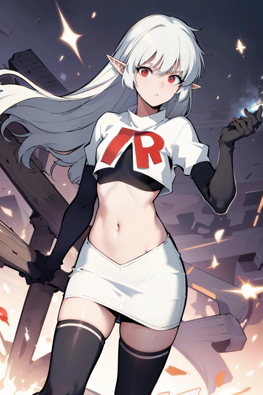 best quality, (masterpiece:1.2), detailed,
alice,
grey hair, long hair, red eyes, pointy ears, small breasts,
team rocket,team rocket uniform, red letter R, white skirt,white crop top,black thigh-highs,black elbow gloves,
looking at the viewer,