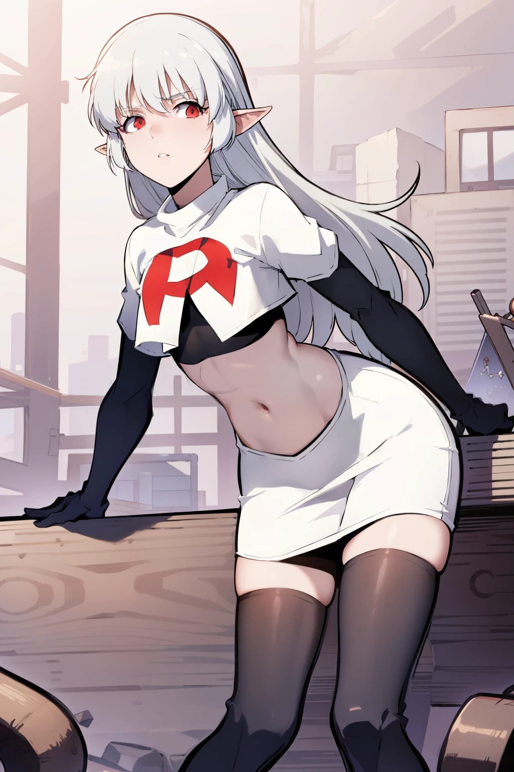 best quality, (masterpiece:1.2), detailed,
alice,
grey hair, long hair, red eyes, pointy ears, small breasts,
team rocket,team rocket uniform, red letter R, white skirt,white crop top,black thigh-highs,black elbow gloves,
looking at the viewer,