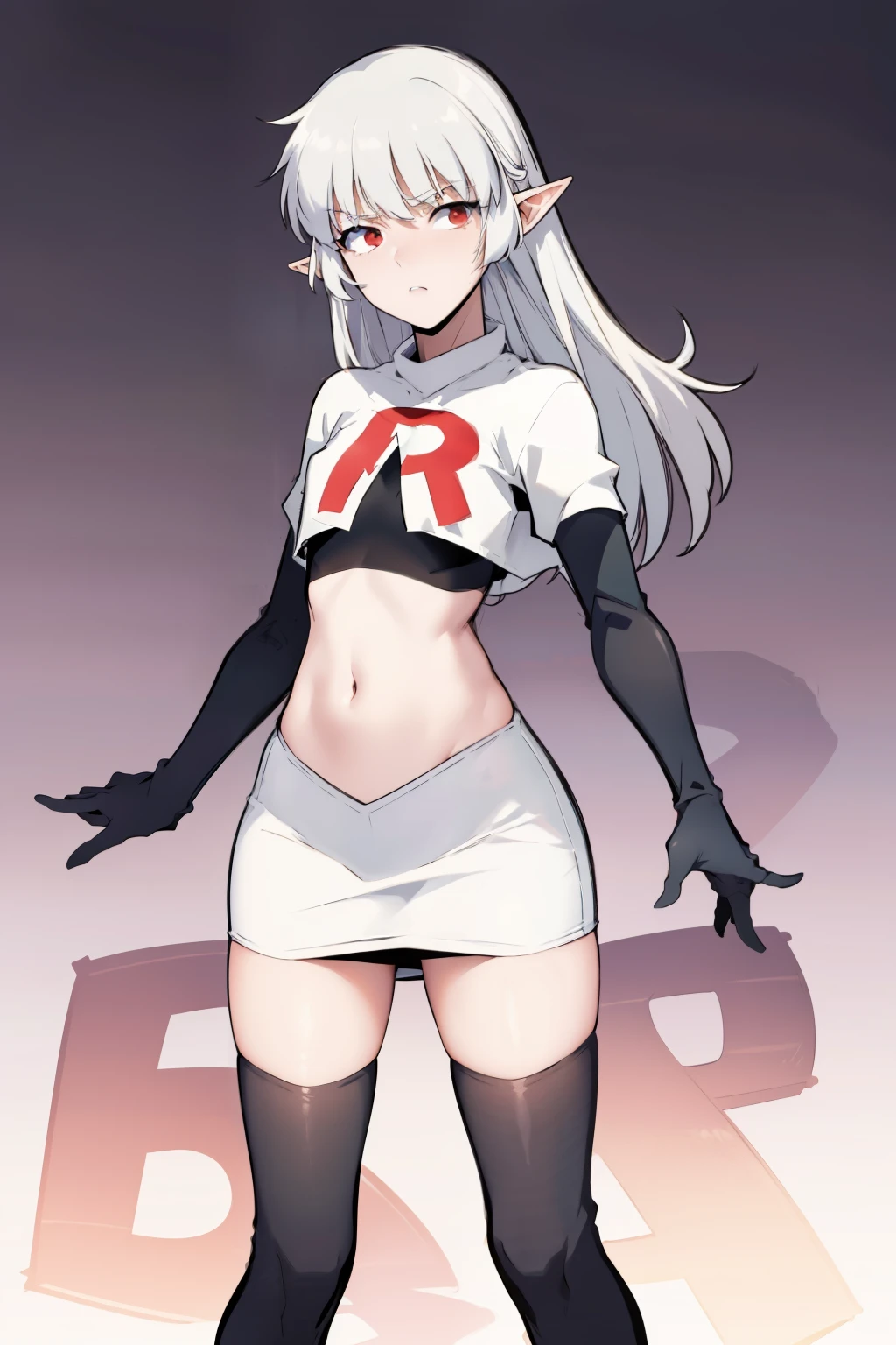 best quality, (masterpiece:1.2), detailed,
alice,
grey hair, long hair, red eyes, pointy ears, small breasts,
team rocket,team rocket uniform, red letter R, white skirt,white crop top,black thigh-highs,black elbow gloves,
looking at the viewer,