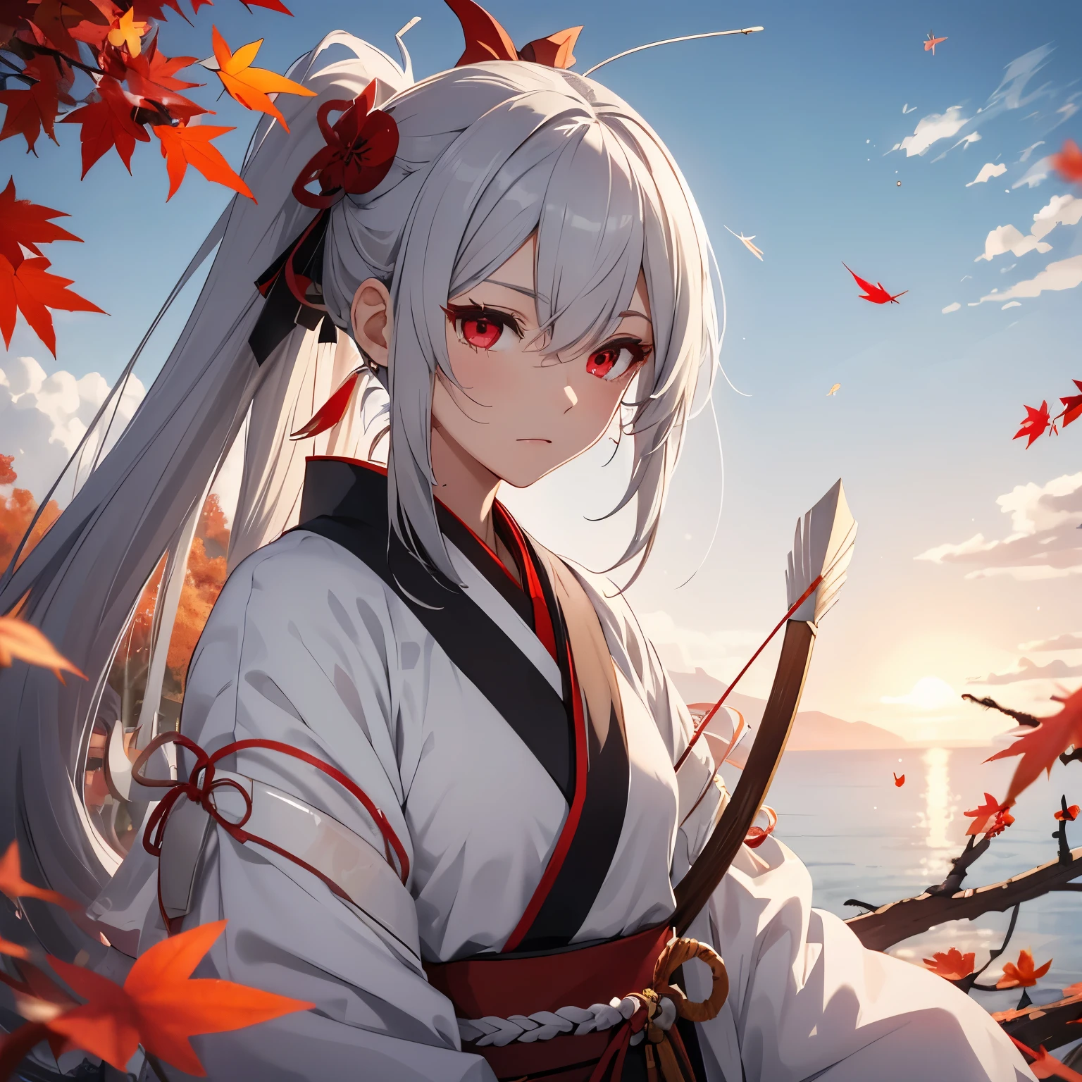 10th generation male、gray hair、long ponytail、It is tied close to the ends of the hair.、red eyes、White Onmyoji Costume、(like an insect)Transparent wings grow on its back、prepare a bow and arrow、turning away、Autumn leaves in the background、The weather is sunny、cheerful look