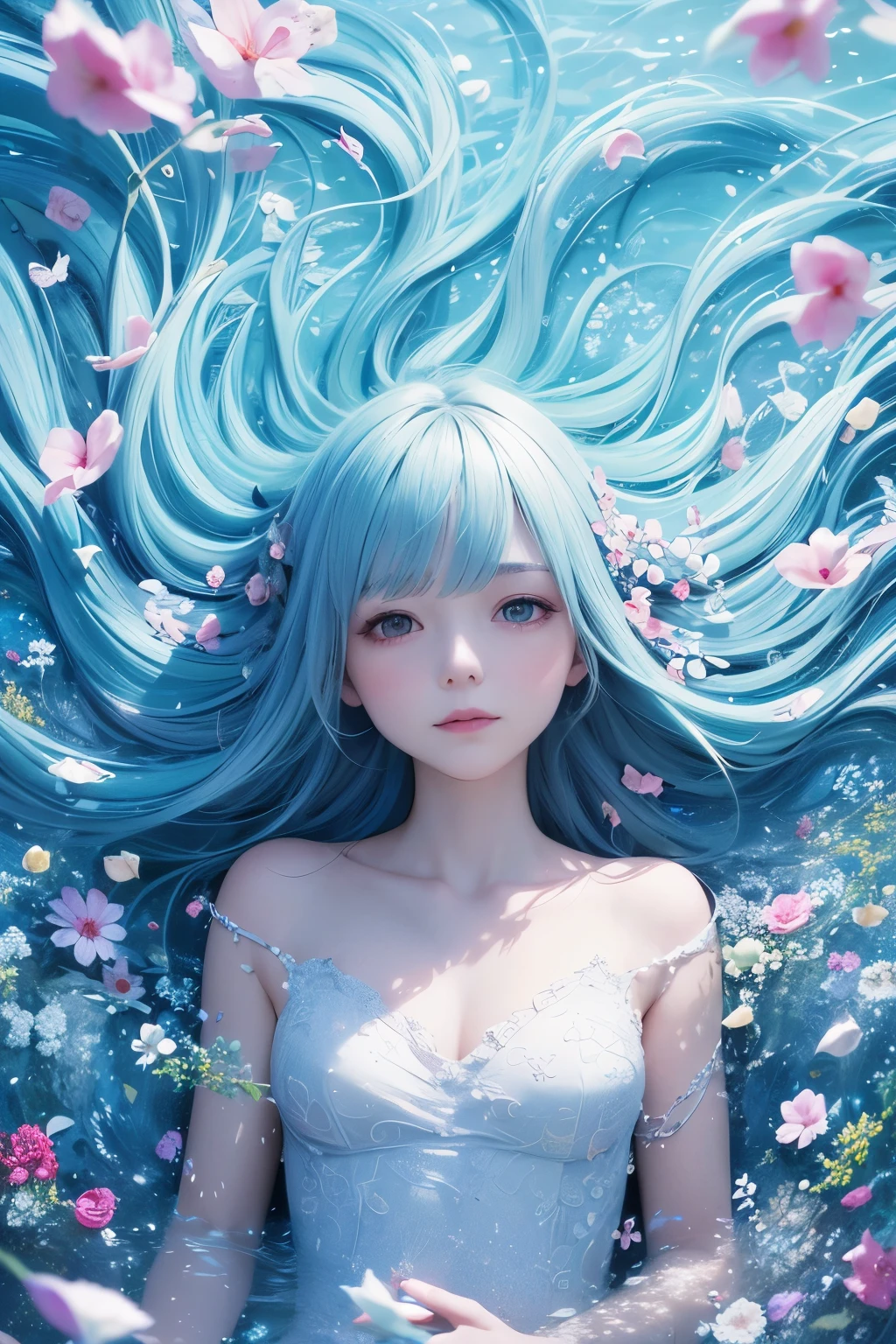 best quality, 32k, RAW photo, incredibly absurdres, extremely detailed, delicate texture, beautiful girl drowning in flowers, filled with flowers, sea of flowers, pastel colors, motion-blur, action-lines
