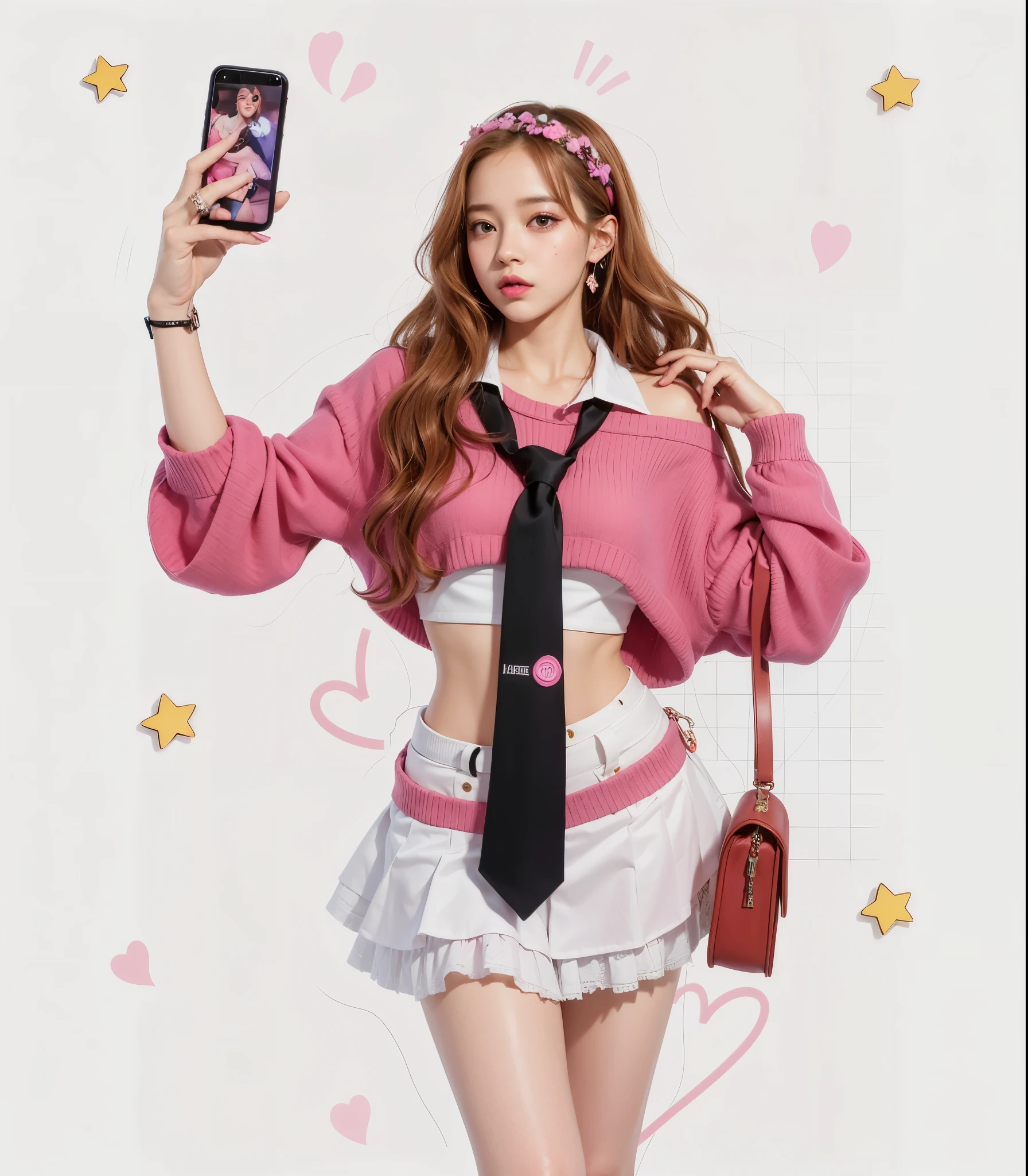 there is a woman in a pink shirt and tie holding a cell phone, portrait of jossi de blackpink, jisoo de blackpink, retrato de jisoo blackpink, Jisoo de Blackpink, jossi de blackpink, parque roseanne de blackpink, ulzzang, tendencia en cgstation, Lalisa Manoban de Blackpink, sun yunjoo, obra de arte oficial, fanart oficial
